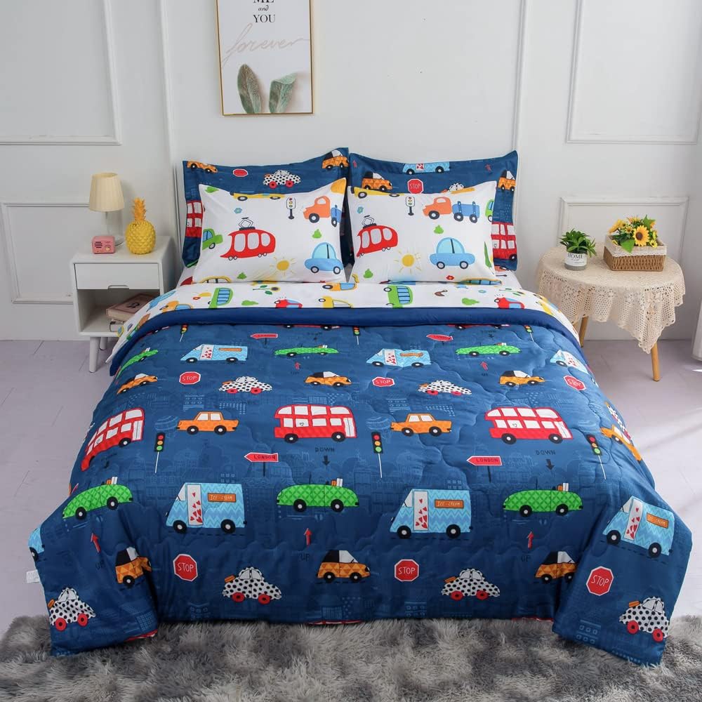 Wajade Cartoon Cars Comforter Set Bed in A Bag Full Size Colorful Cars Bus Van Traffic Lights Bedding Set for Boys Kids (1 Comforter, 1 Flat Sheet, 1 Fitted Sheet, 2 Pillowcase and 2 Pillow Sham)