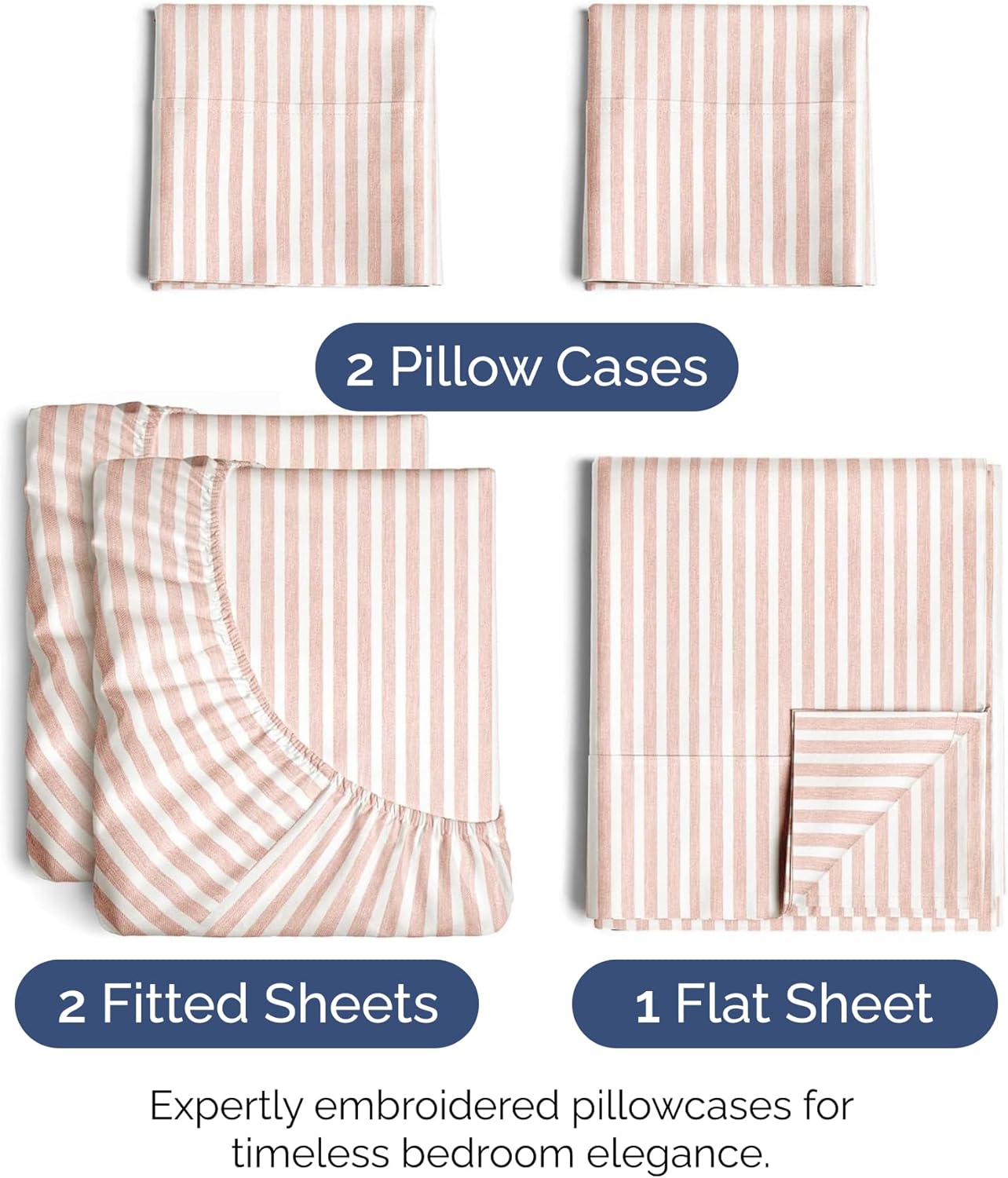 Split King Size 5 Piece Sheet Set - Extra Soft, Breathable & Cooling Sheets - Hotel Luxury Bed Sheets for Women & Men - Deep Pockets, Easy-Fit & Wrinkle-Free Sheets - Blush Stripes Oeko-Tex Bed Sheets
