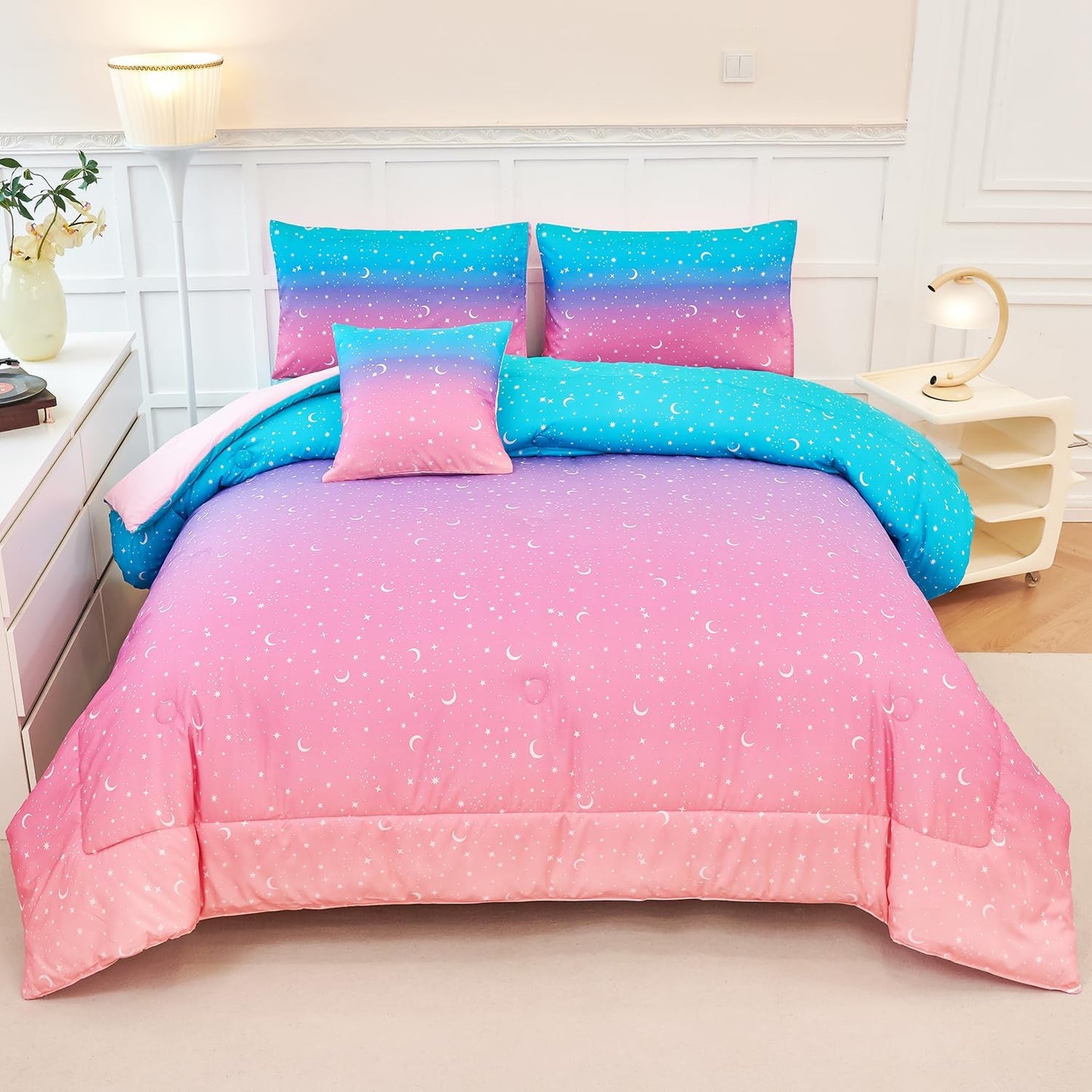 URBONUR 6 Pcs Gradient Comforter Set for Girls Twin Size Pink Purple Blue Colorful Moon Star Rainbow Comforter Bed in A Bag, Soft & Lightweight Kids Teen Bedding Set