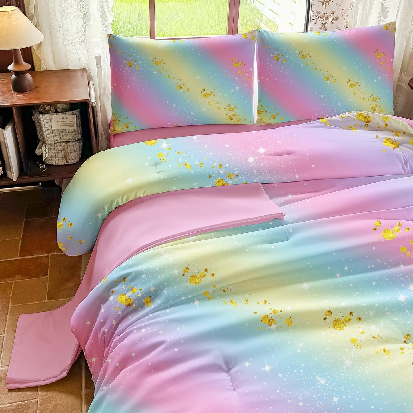 Girls Full Size Bedding Sets Rainbow Bedding – 5 Piece Comforter Set Full, Gradient and Colorful Galaxy Comforter for All-Season – Machine Washable, Durable – Gift Idea for Boys and Girls Room