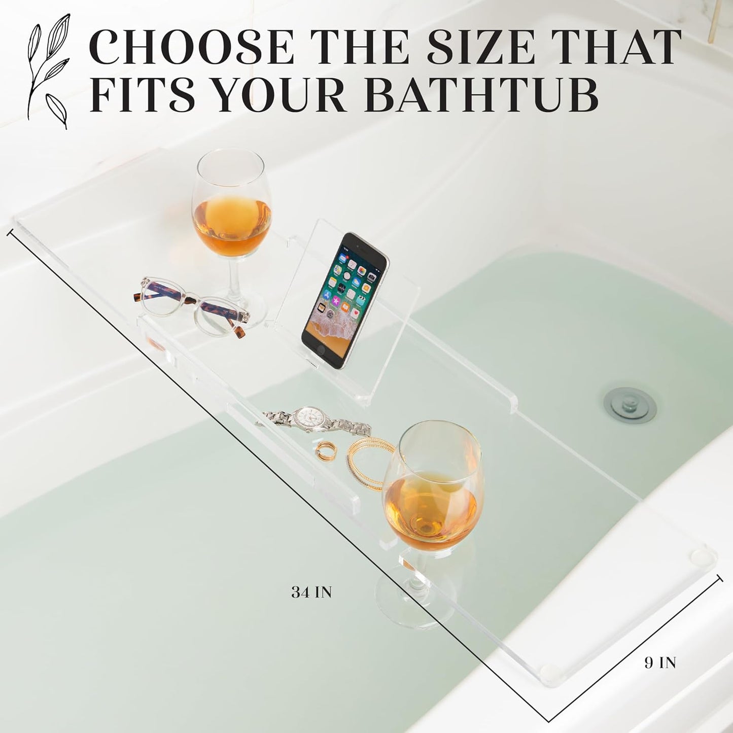 34" Supreme Plus- Luxury Bathtub Tray Caddy- 3/8" Thick, Clear Bath Tub Tray Table for 1 or 2 Bathers, Acrylic Bathtub Caddy, iPad and 2 Wine Glass Holders (Supreme Plus, 34")