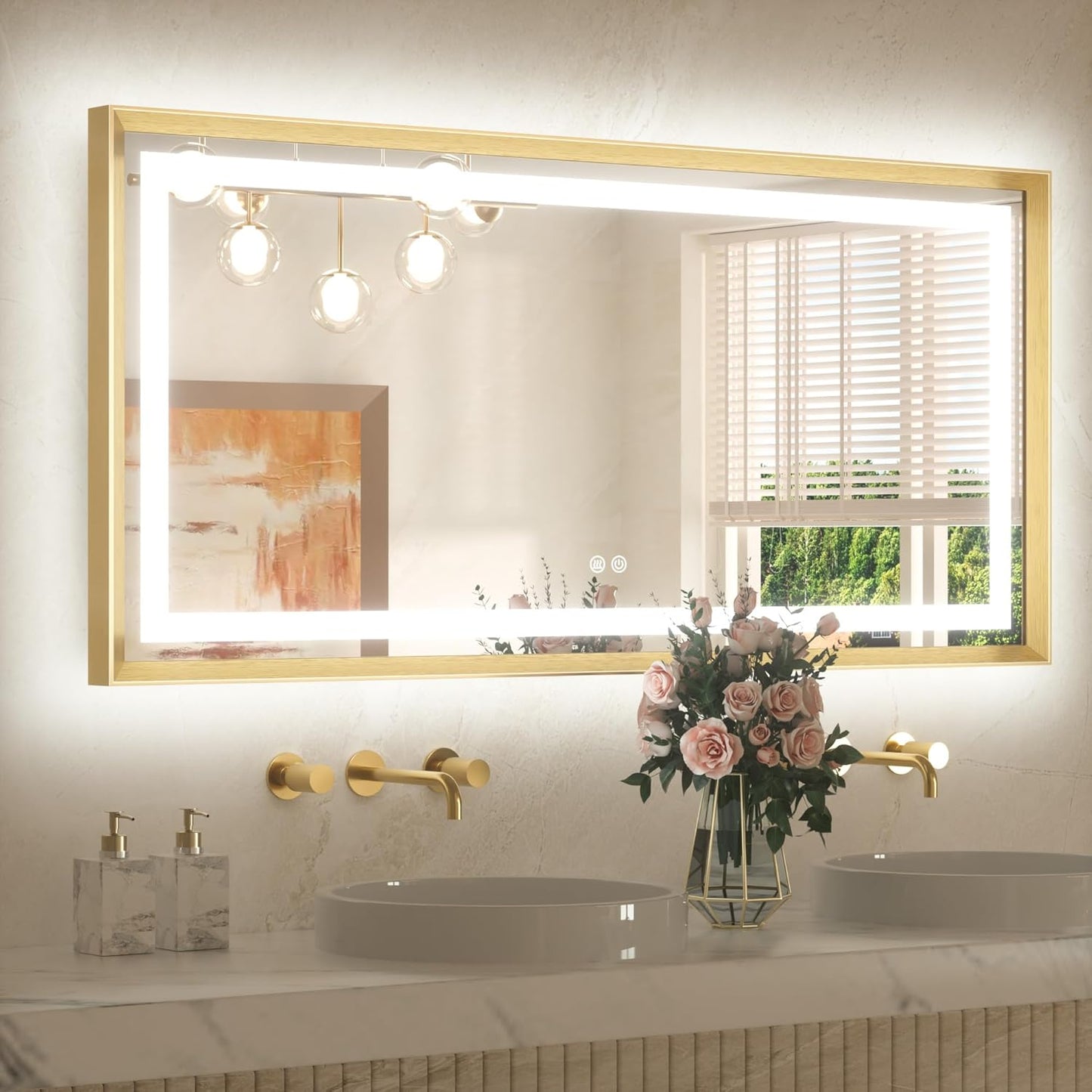 TETOTE 48 x 24 Bathroom LED Mirror Brushed Gold Metal Frame Frontlit & Backlit Vanity Mirror Stepless Dimmable Anti-Fog 3 Colors White/Warm/Natural Light up Vanity Wall-Mounted
