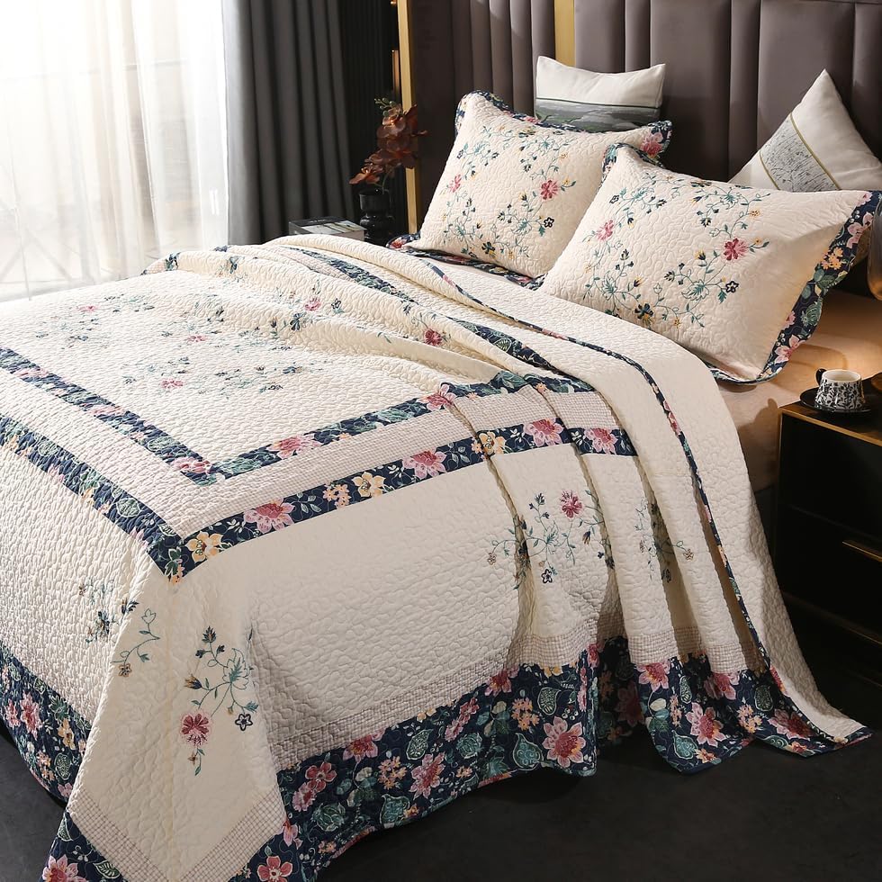 Quilt Set Floral Leaves 3D Embroidery Pattern 3 PCS Cotton Reversible Quilted Embroidered Decorative Bedspreads Coverlet Set, Lightweight &Soft Queen Size Beige Bedding Coverlet for All Season