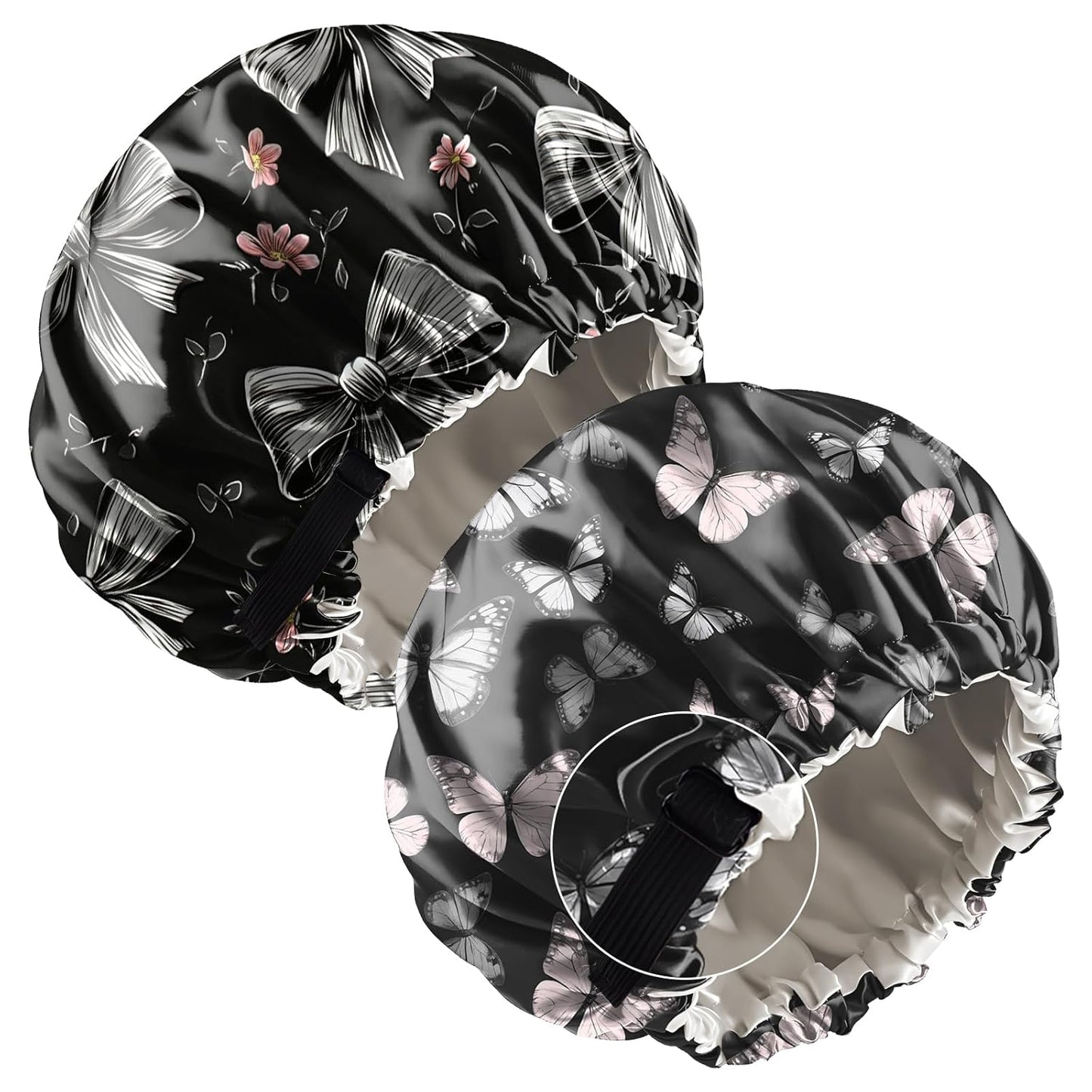 2 PCS Bonnets for Women Girls Satin Hair Bonnet Silk Adjustable Elastic Double Layer Hair Wrap Sleep Cap Comfort Cute-Bowknot Butterfly