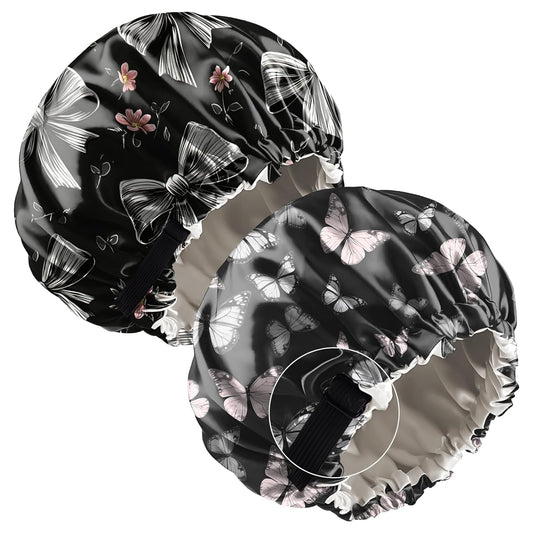 2 PCS Bonnets for Women Girls Satin Hair Bonnet Silk Adjustable Elastic Double Layer Hair Wrap Sleep Cap Comfort Cute-Bowknot Butterfly