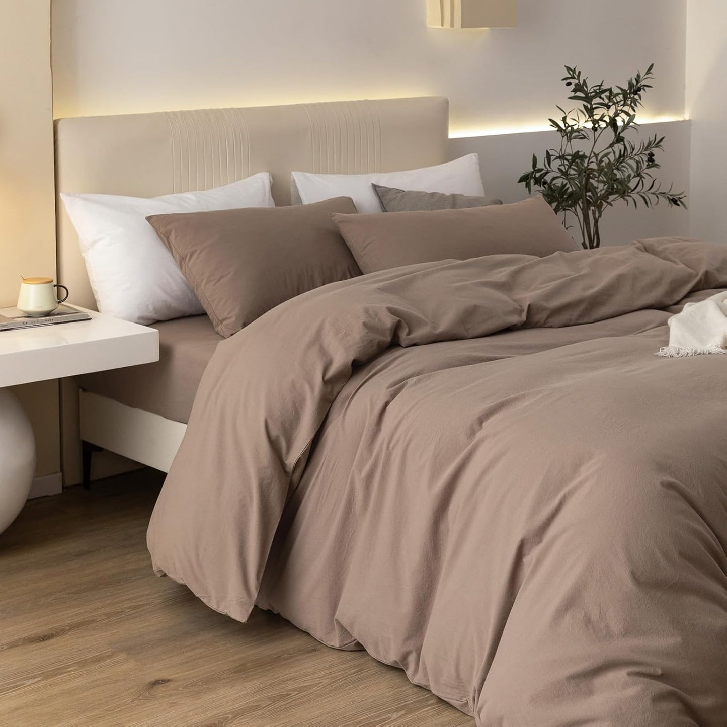 JIYUAN 100% Washed Cotton Duvet Cover Set 3 Pieces King, 1 Duvet Cover 104x90 Inches(Comforter Not Included) and 2 Pillowcases,Linen Feel Bedding Set Comfy and Breathable,Light Brown