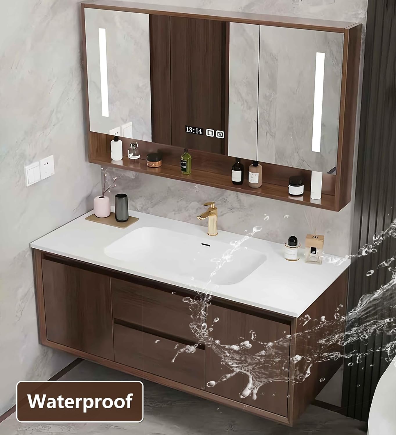 Bathroom Sink Vanity 64Inch, Floating Bathroom Vanity with LED Smart Defogging Mirror Cabinet and Open Shelf, Multi-Layer Solid Wood Bathroom Furniture Cabinet, Wall Mount Installation (Walnut)