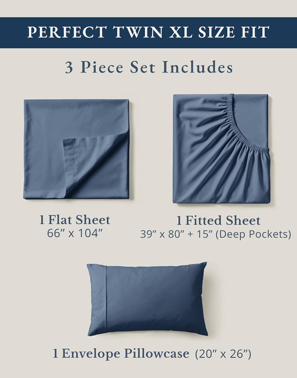 LANE LINEN 100% Organic Cotton Eco Friendly Fully Elasticized Twin XL Sheet Set, Low Pilling Fade Resistant Machine Washable Extra Long Twin Bedding Set, Soft & Comfy Cotton Sheets-Estate Blue