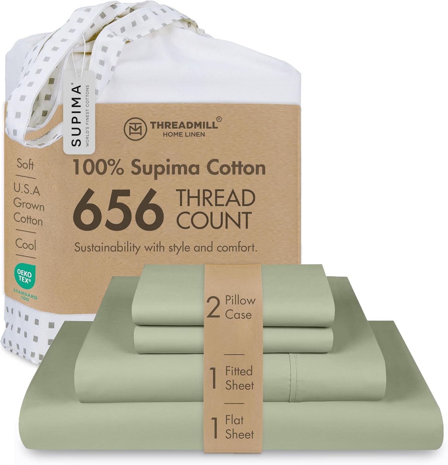 Threadmill American Supima King Size Sheets Set | 656 Thread Count 4 Piece Luxury Bed Sheets for King Size Mattress | 5 Star Hotel Quality Sheets with Elasticized Extra Deep Pocket | Sage Green Sheets