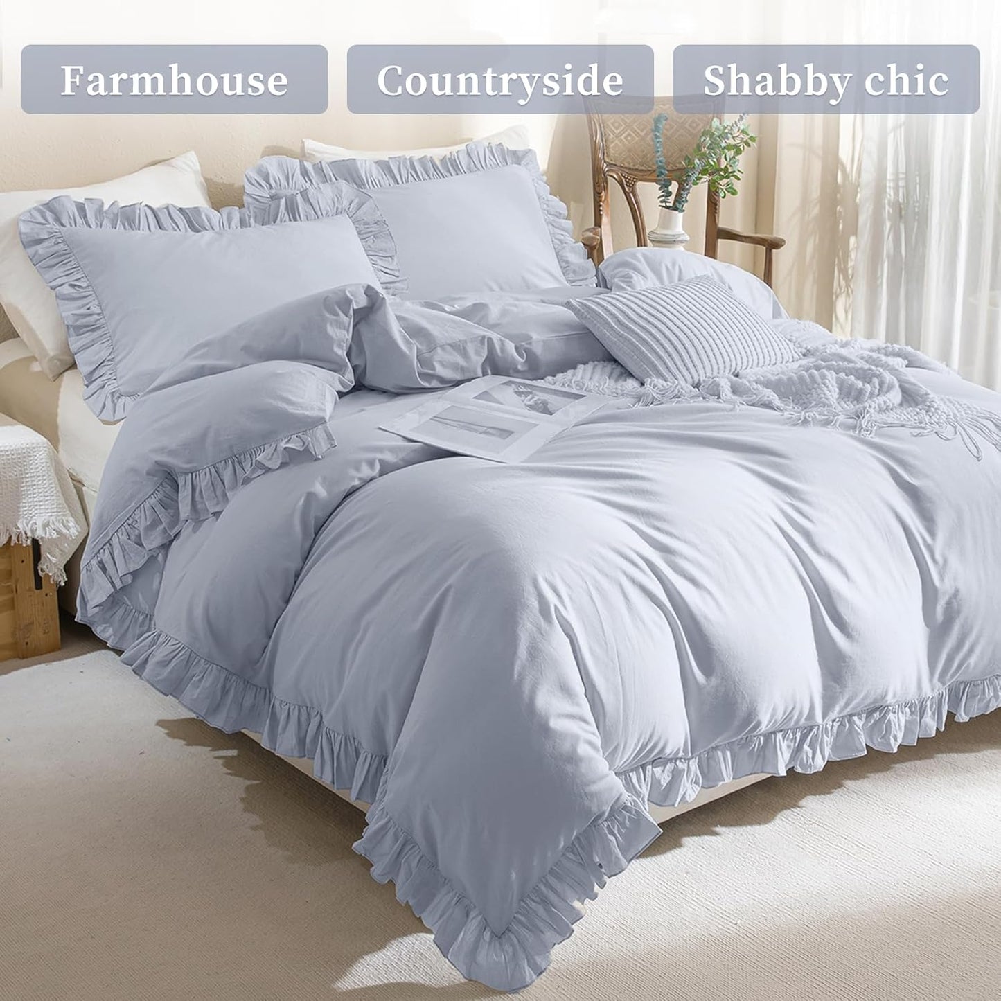QSH Ruffle Duvet Cover Queen Size Washed Cotton,3pc Linen Feel Farmhouse Shabby Vintage Ruffled Bedding Set French Country Rustic Cornflower Blue Comforter Cover Aesthetic Soft Quilt Cover Set