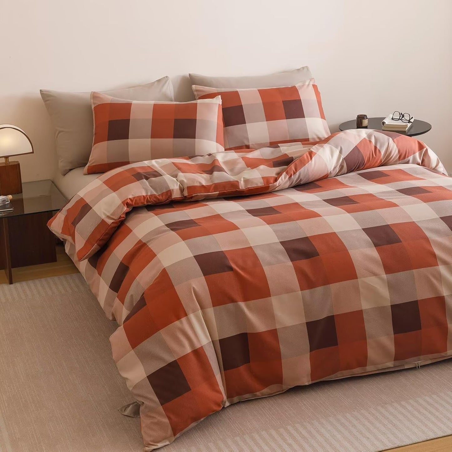 Cottonight Checkered Red Comforter Set King Men Gingham Grid Bedding Set Red and Khaki Grid Comforter Fluffy Soft Blanket Quilts Modern Cottagecore Comforter with 2 Pillowcases for King Bed