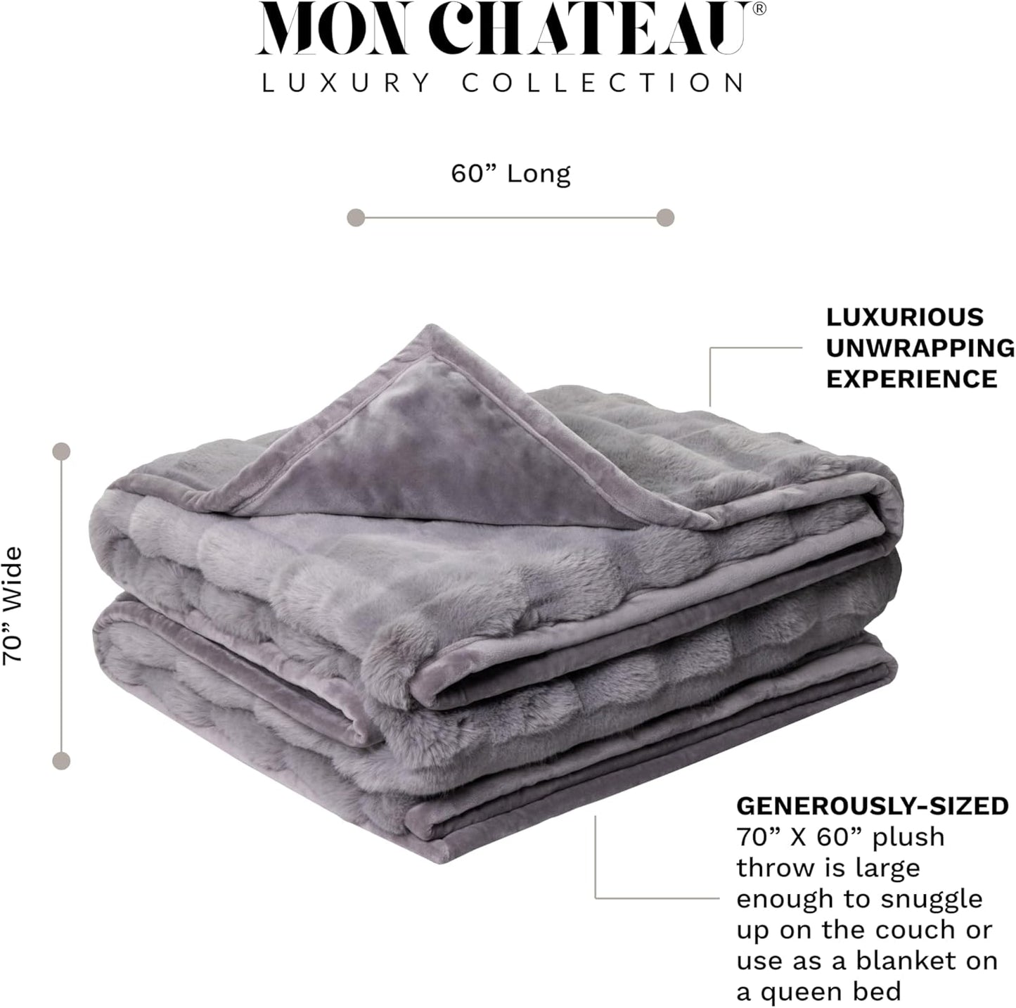 Mon Chateau 60" x 70" Hearthside Faux Fur Throw Blanket, Reversible Soft Blanket for Queen-Size Bed, Couch, or Sofa, Cozy Home Decor and Stylish Living Room Comfort, Fog Stone