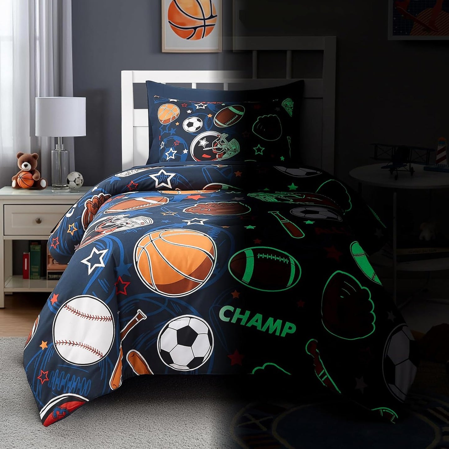 Twin Comforter Set for Boys-5 Pieces Sports Ball Games Glow in The Dark Twin Bedding Sets for Kids, Ultra Soft Bed in A Bag with Sheets