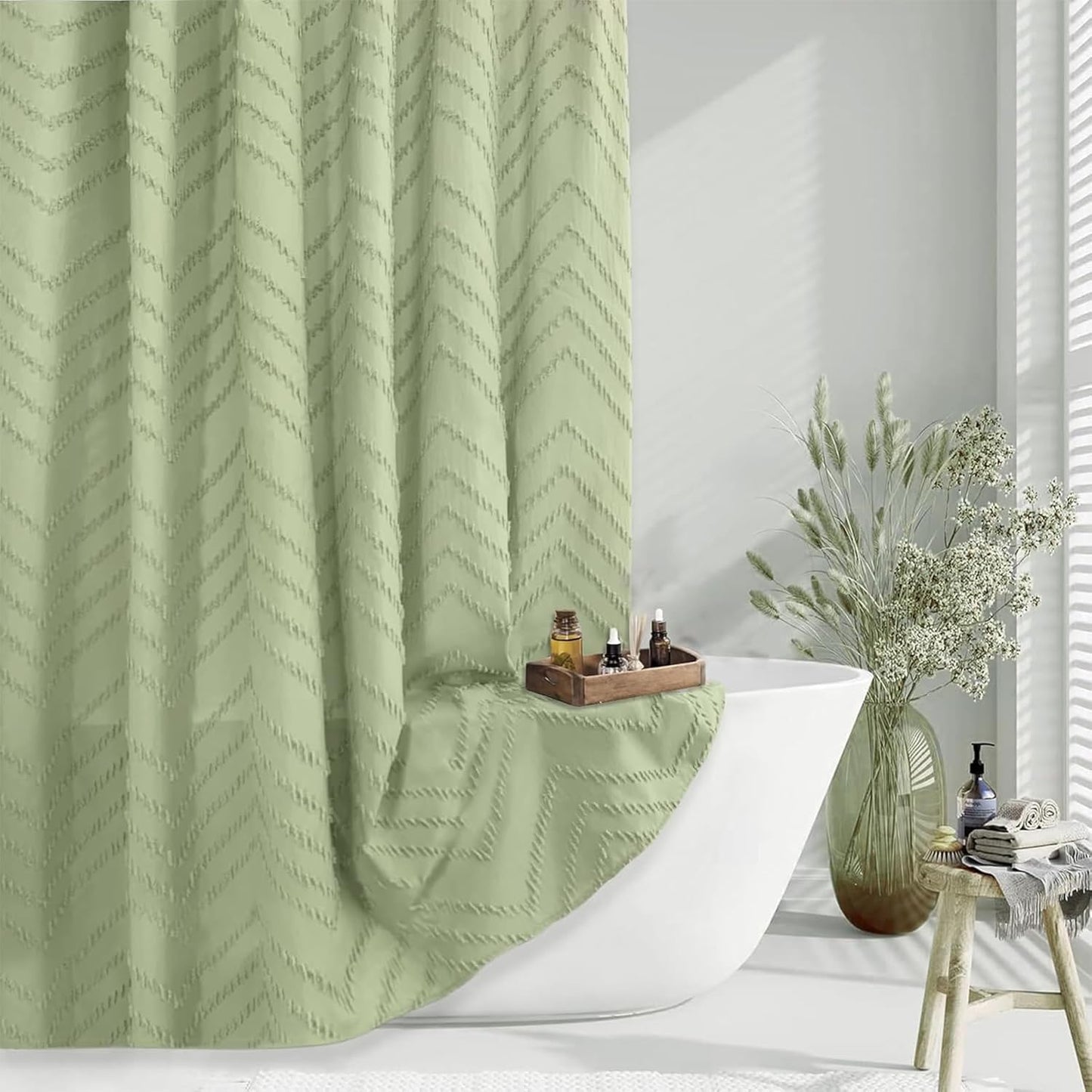 Green Shower Curtain 78 Inches Long Boho Shower Curtain Chic Tufted Chevron Textured Striped Fabric Shower Curtains Modern Minimalist Shower Curtains for Bathroom 72 x 78