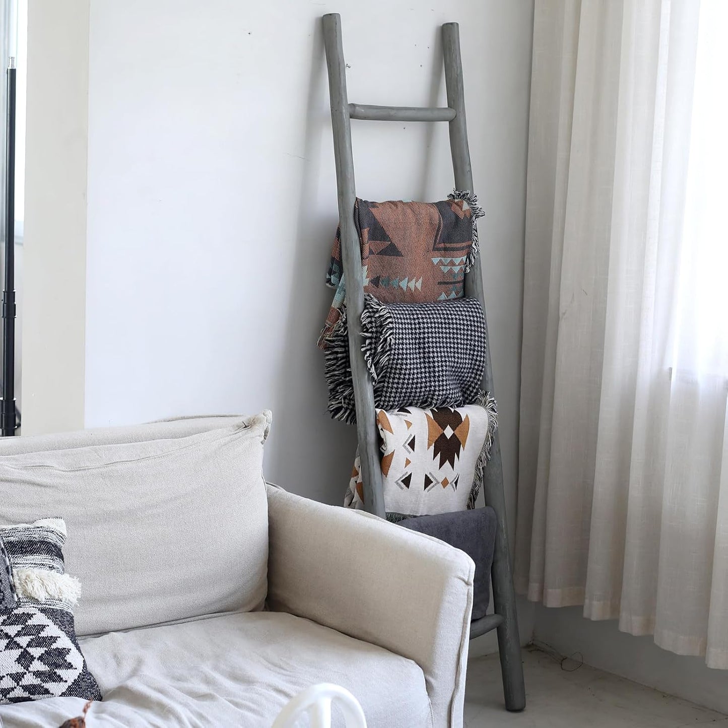 FUIN Fully Assembled 6ft Wood Blanket Ladder Living Room Decorative Wall Leaning Farmhouse Quilt Display Holder Rustic Wooden Towel Rack for Bathroom, Gray