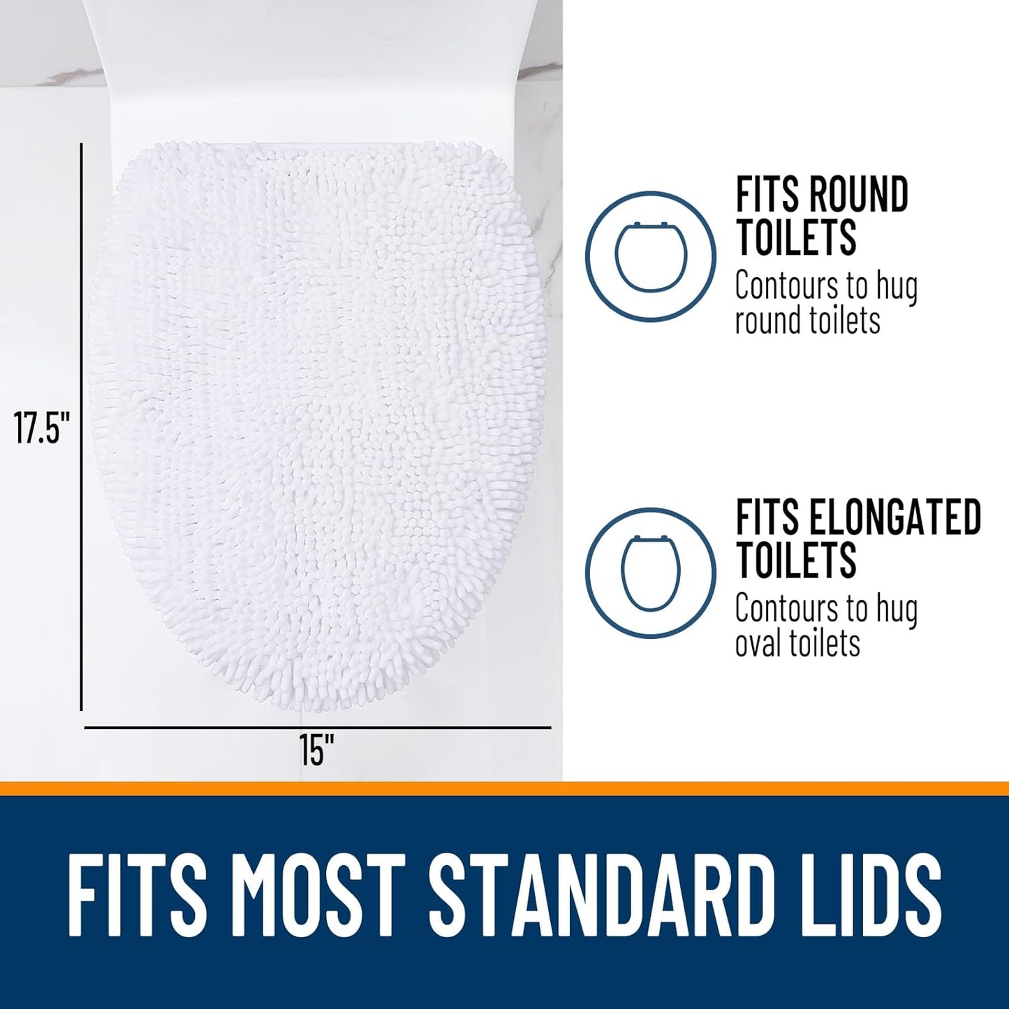 OLANLY Soft Chenille Bathroom Toilet Lid Cover, Machine Washable Seat Covers, 17.5x15, Stays in Place Rubber Backing, Fits Most Round, Elongated and Oblong Lids, Accessories Decor, White
