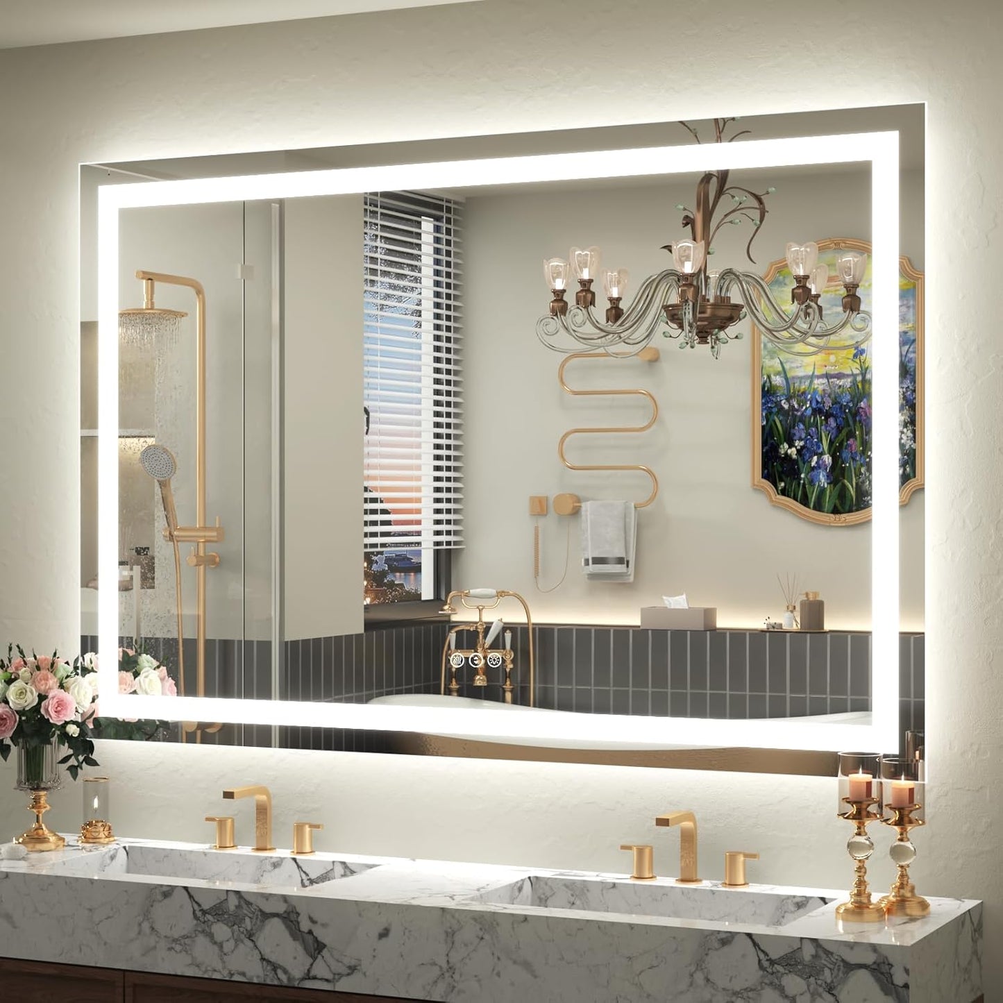 50x 40 LED Lighted Bathroom Mirror for Wall, Large Vanity Mirror with Lights, Dimmable, Anti-Fog, Shatter-Proof, ETL Listed (Front Lit+ Backlit)