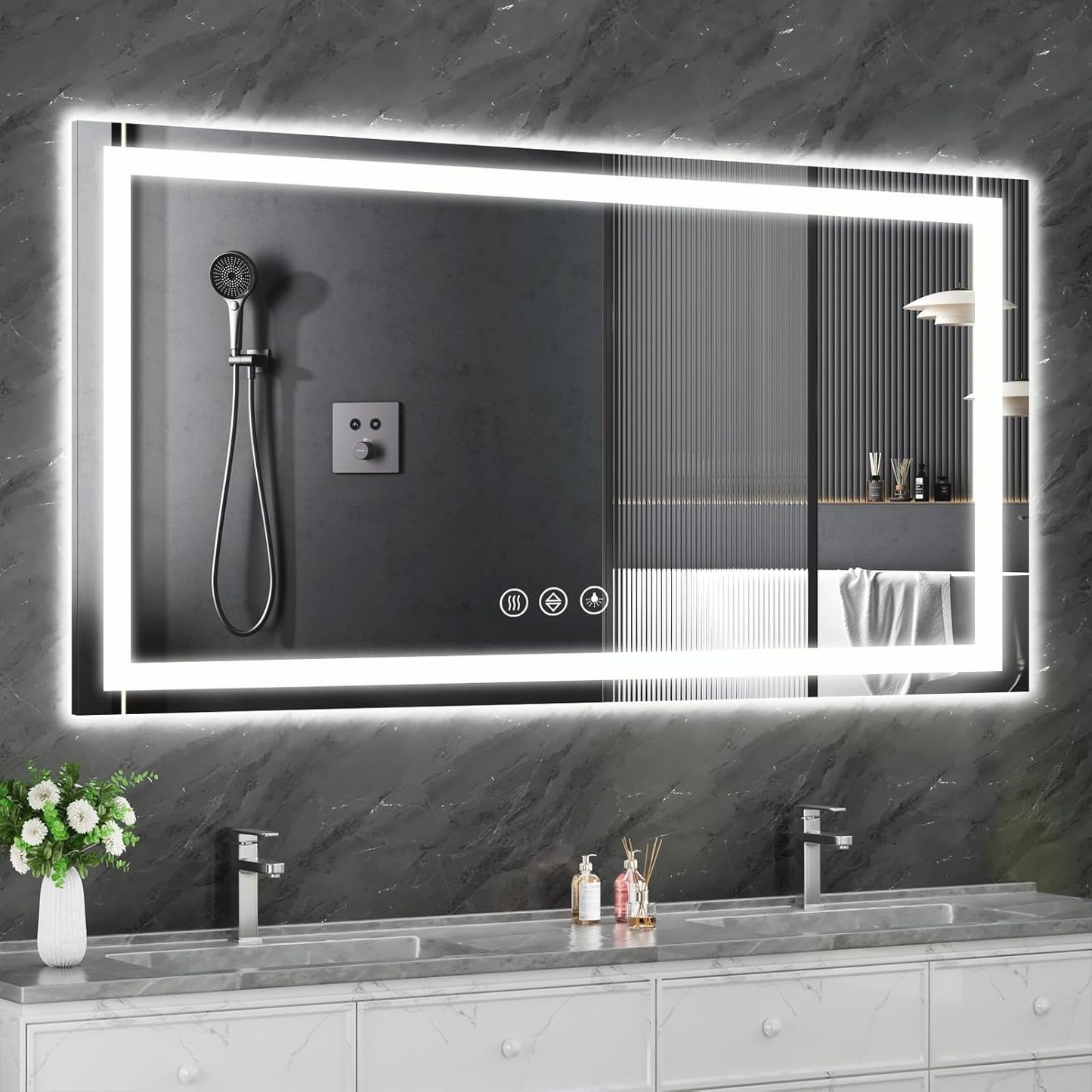 Koonmi 30x60 LED Bathroom Mirror, Backlit + Front Lit, LED Bathroom Mirror with Lights for Wall, 3 Colors, Anti-Fog, Dimmable Brightness, Memory Function, Tempered Glass