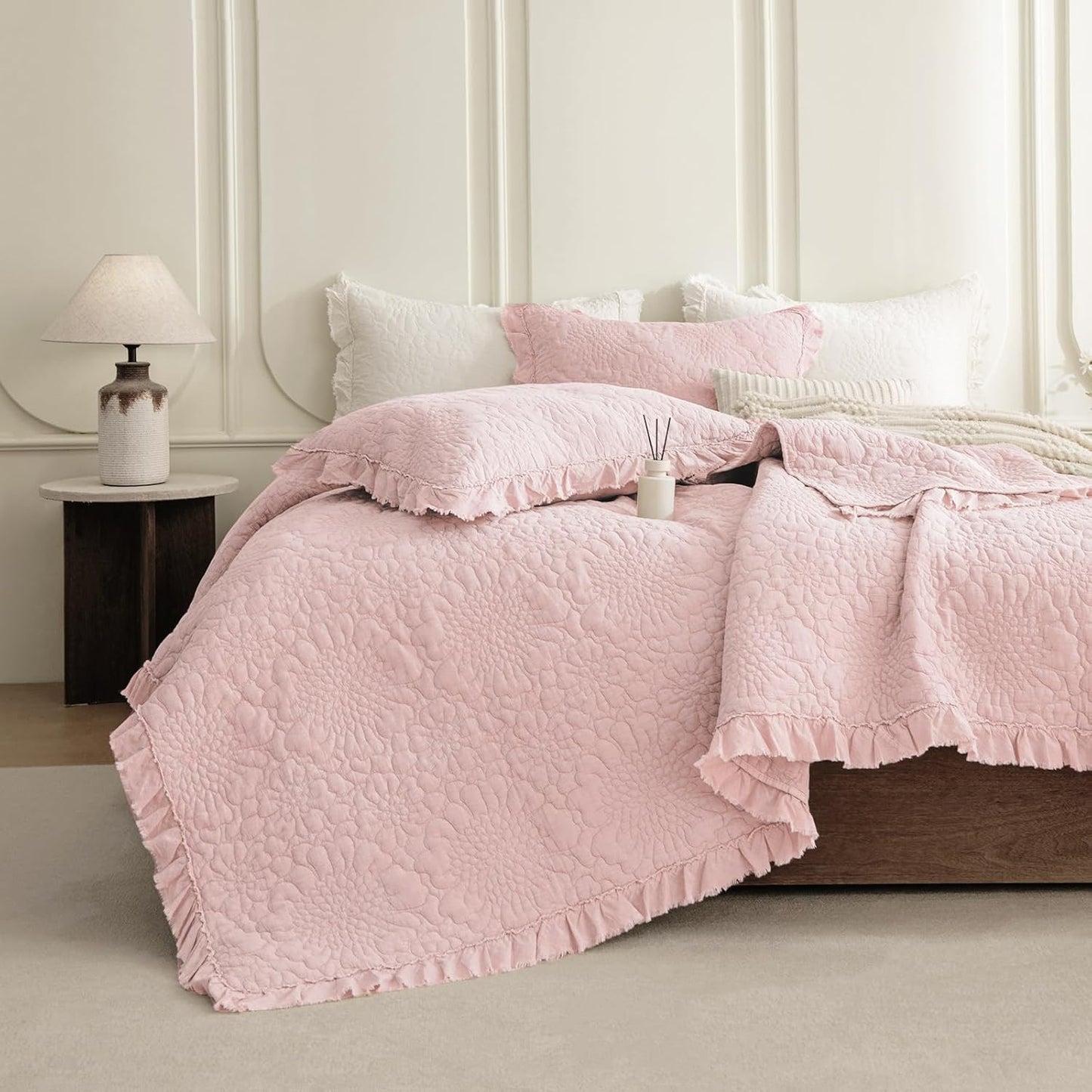 QSH 3PCs Stonewashed Cotton Quilt King (110"x98"), Blush Ruffled Quilt King Size Bedding Set,Ultra Lightweight Soft Crinkled Bedspread Coverlet King Shabby Farmhouse Chic Bedding for All Seasons