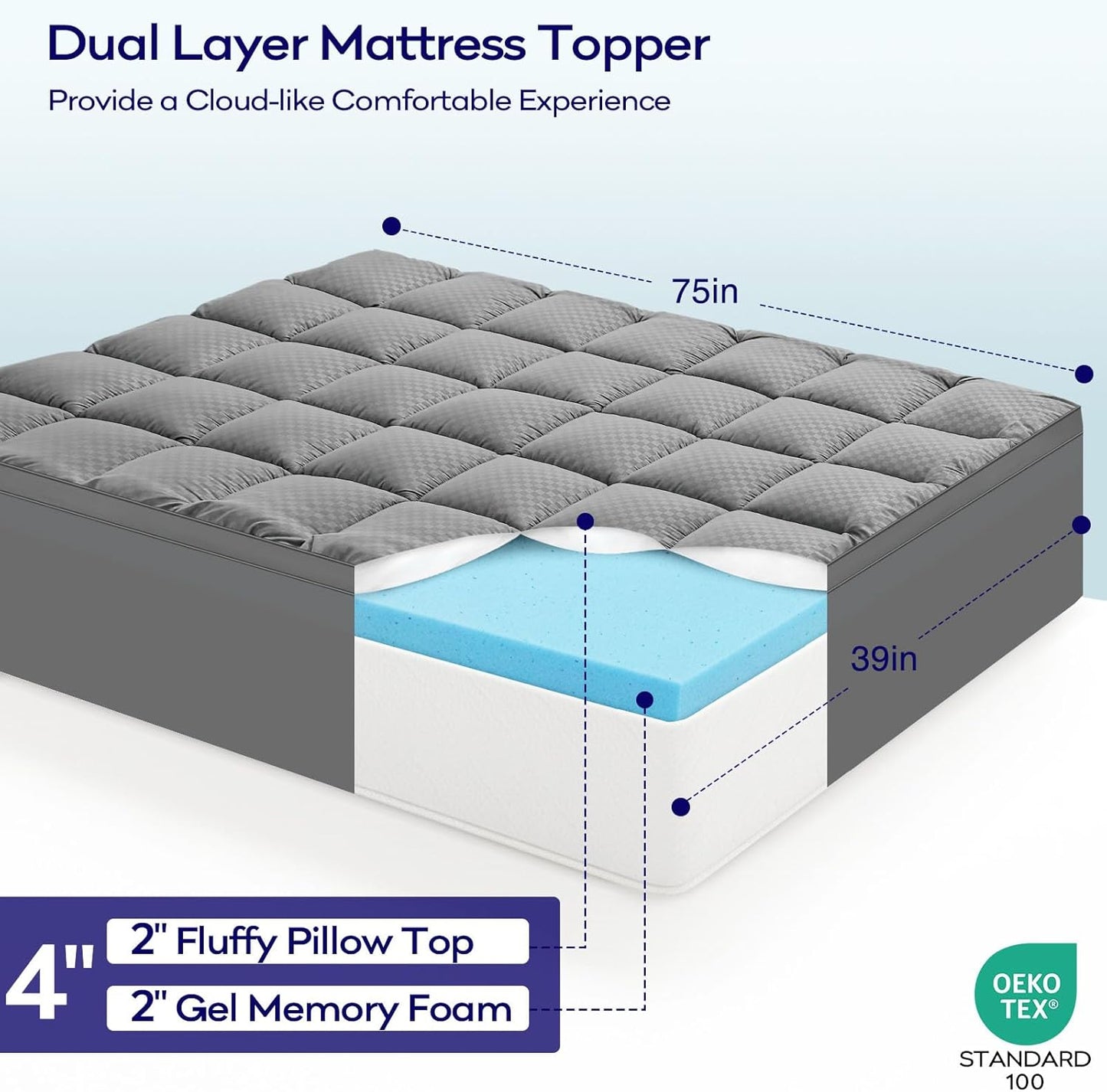 OLANLY Dual-Layer 4 Inch Twin Size Memory Foam Mattress Topper for Back Pain, 2 Inch Cooling Pillow Top Mattress Pad Cover and 2 Inch Gel Memory Foam Topper, Deep Elastic Pocket, Grey