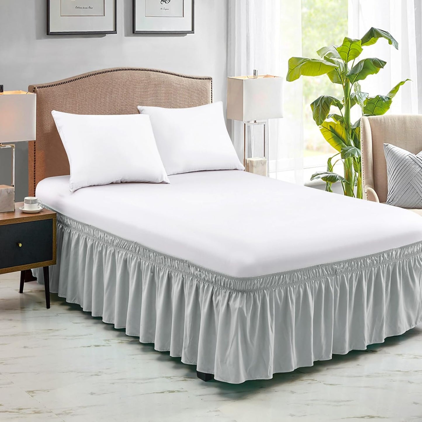 FreshCulture King Bed Skirt, Dust Ruffle for King Size Bed, Easy Fit with 15-Inch Tailored Drop, Elastic Wrap Around Bed Skirt King Size, Hotel Quality Bed Skirts for Adjustable Bed (Light Grey)
