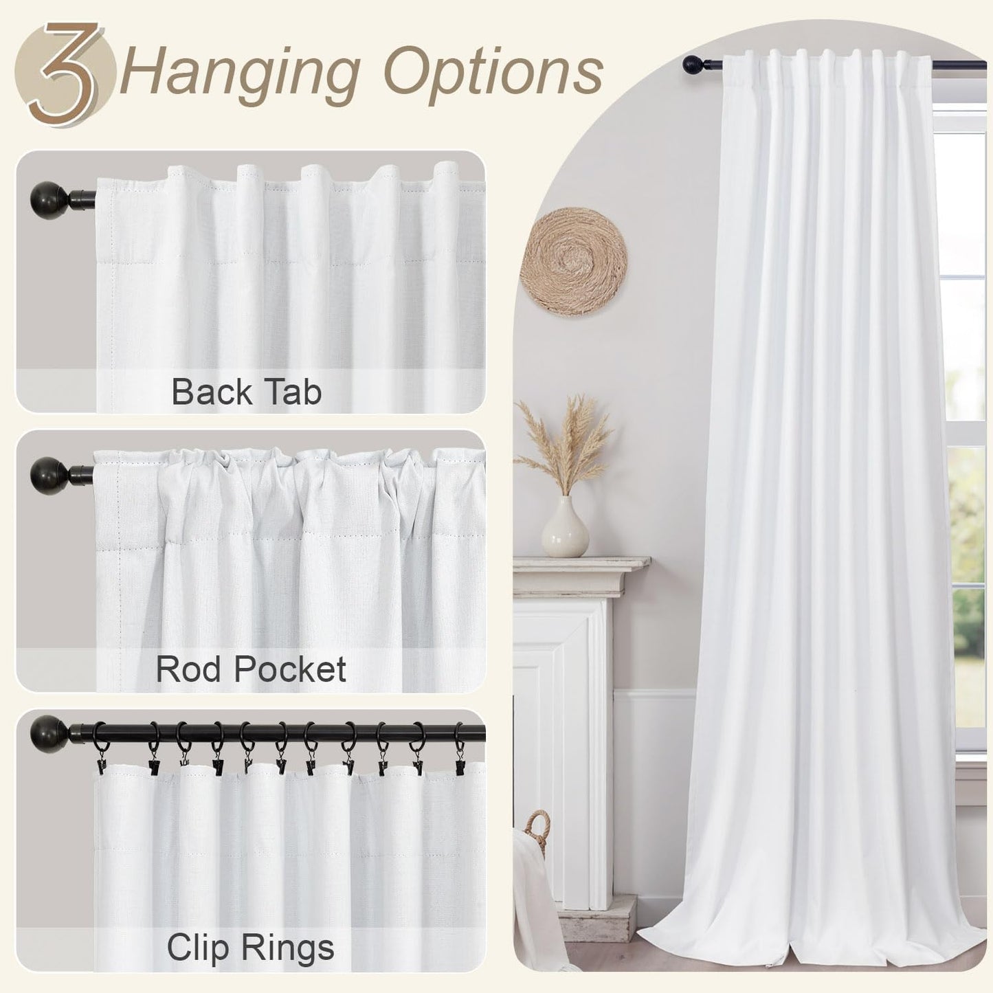 78 Inch Long Linen Textured Blackout Curtains 2 Panels Set for 76-80 inch Window Drapes Back Tab White Room Darkening Curtains for Sliding Glass Door Energy Efficient Noise Cancelling 52x78 in Length