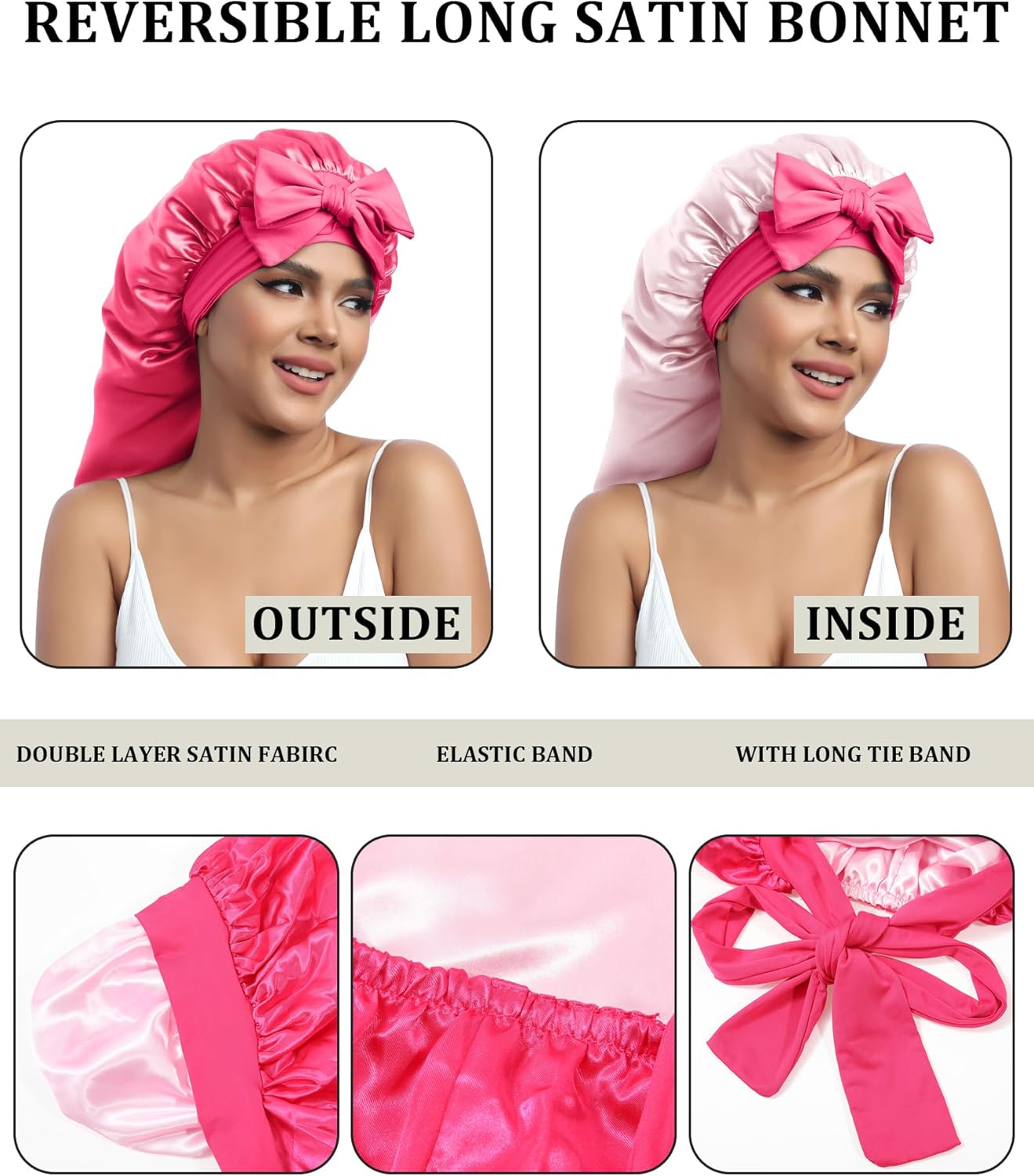 AWAYTR Long Satin Bonnet for Sleeping - Double Layer Reversible Silk Bonnet for Long Hair Women Sleeping Cap with Tie Band