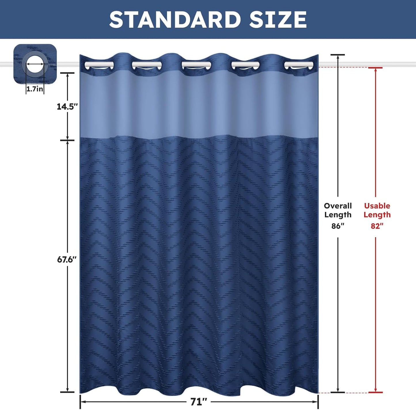 No Hook Shower Curtain and Snap in Liner Set Navy Blue Tufted Chevron Striped Cloth Waterproof Washable Fabric Boho Bath Curtain with See Through Mesh Top Window for Bathroom Hotel 71" x 86"