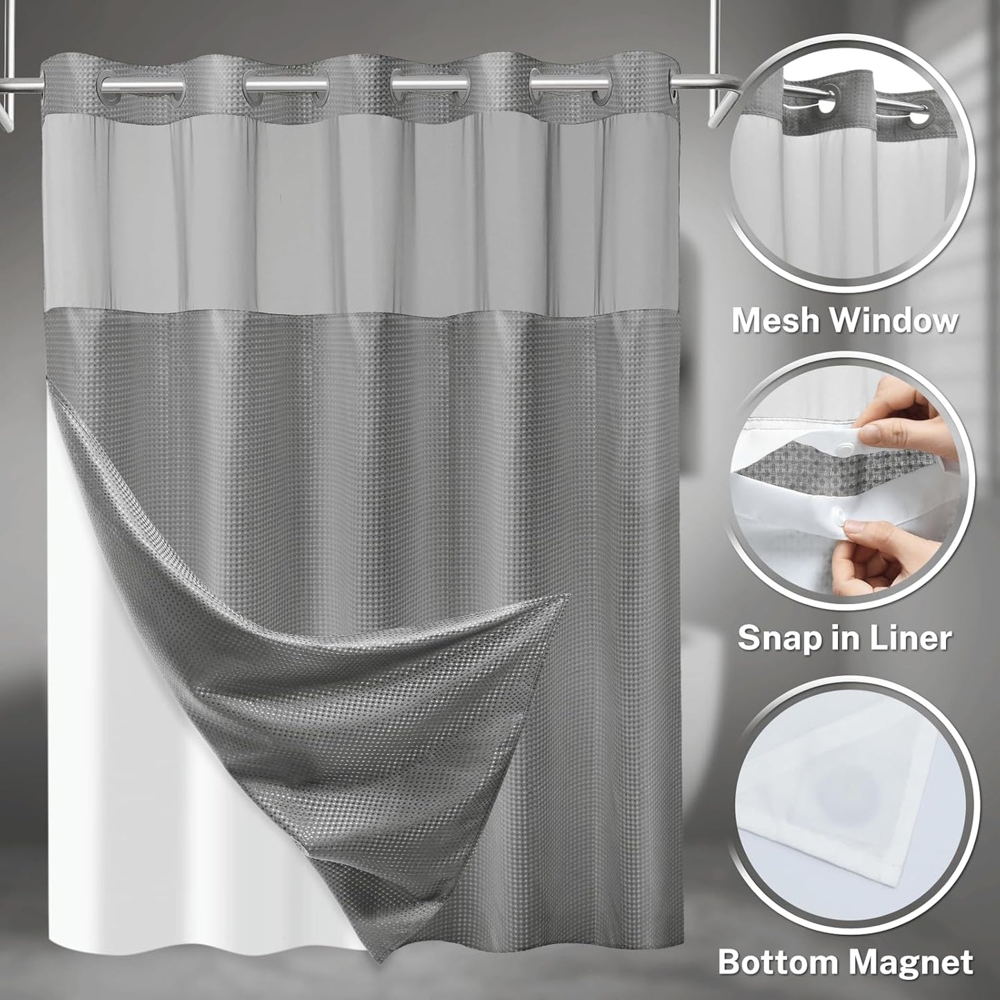 No Hook Shower Curtain with Snap in Liner Set Waffle Shower Curtain for Bathroom Hotel Style Fabric Waterproof Inner Liner，71" W x 86" H, Grey