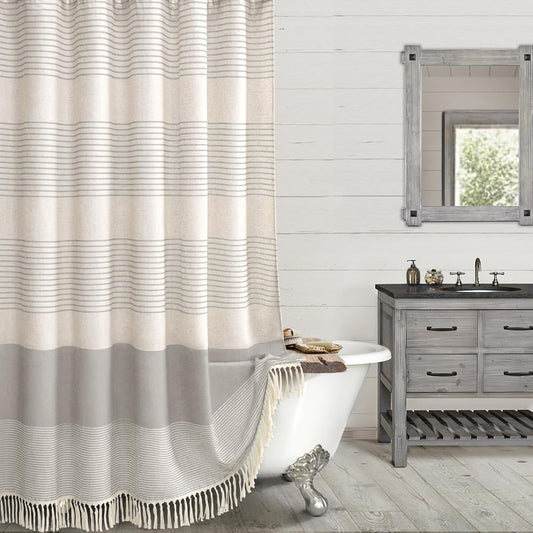 Awellife Farmhouse Shower Curtains for Bathroom,Grey Flax Texture Striped Shower Curtain with Tassels Boho Rustic Neutral 72x72