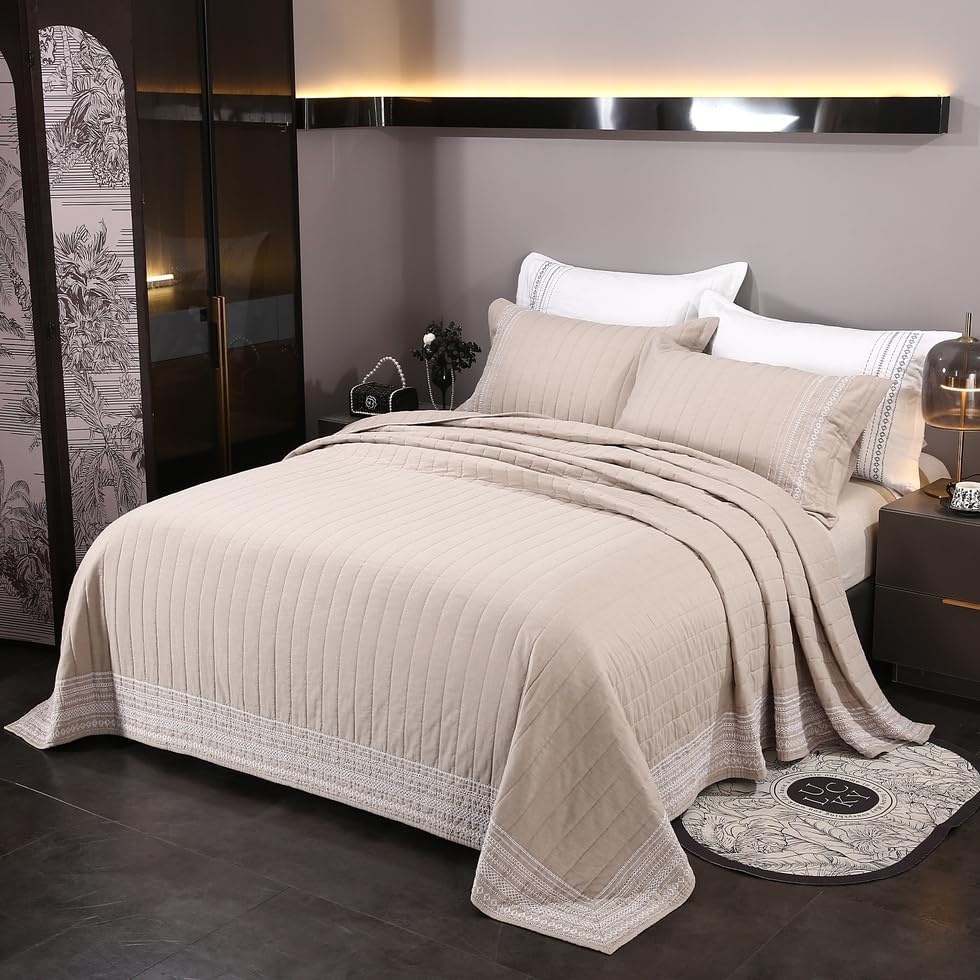 Quilt Set Floral Leaves 3D Embroidery Pattern 3 PCS Cotton Reversible Quilted Embroidered Decorative Bedspreads Coverlet Set, Lightweight &Soft Queen Size Beige Bedding Coverlet for All Season