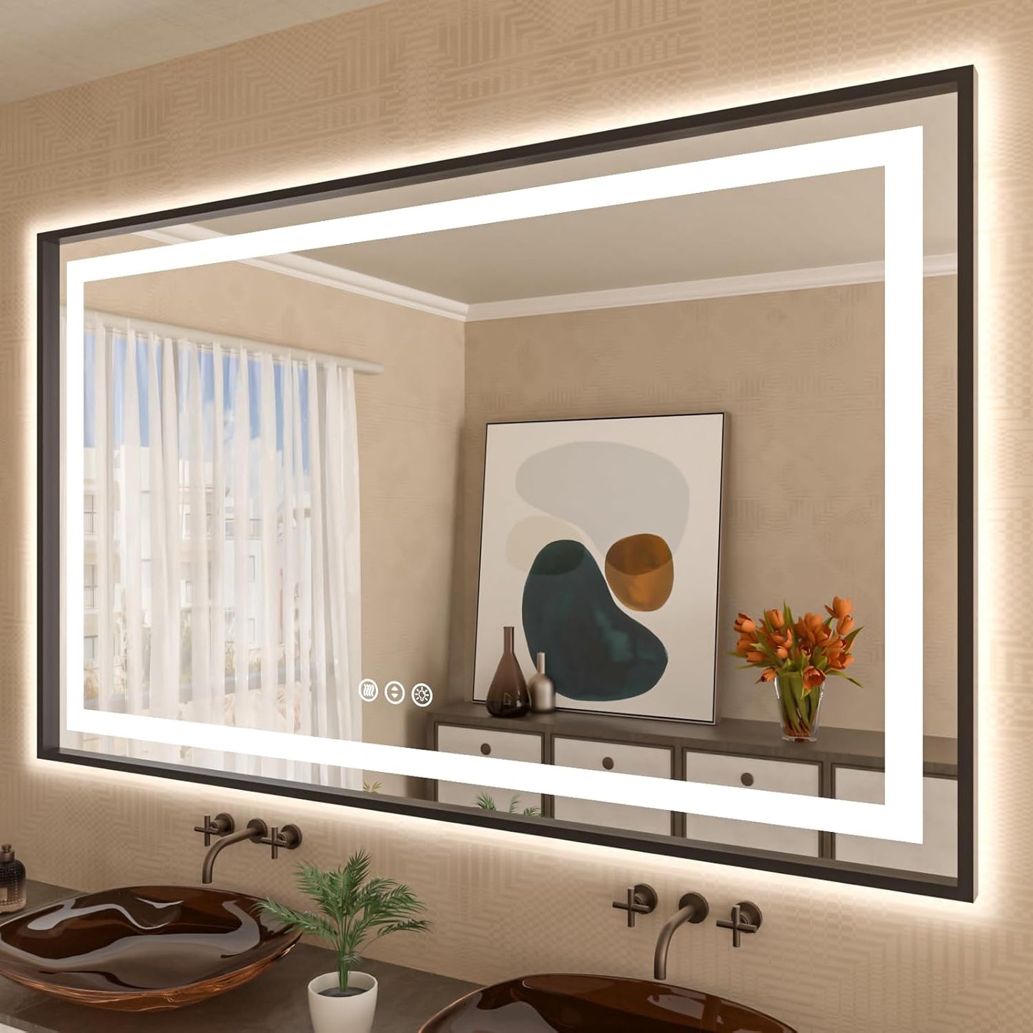 Amorho 60" X40" LED Bathroom Mirror Framed, Front Light and Backlit, Stepless Dimmable, Anti-Fog, Shatter-Proof, Memory, 3 Colors, Double LED Vanity Mirror