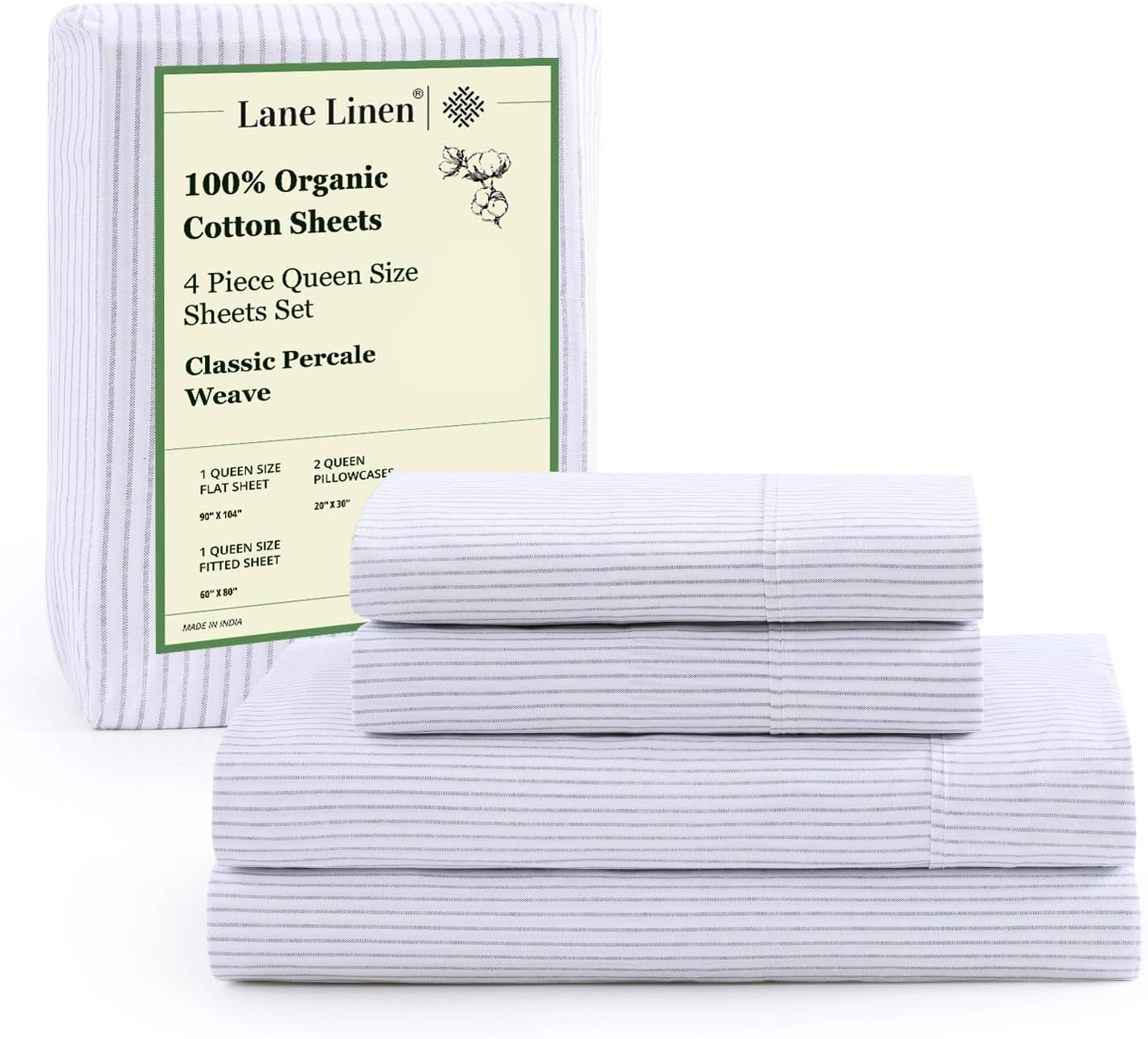 LANE LINEN 100% Organic Cotton Sheet Sets Queen Size, 4Pc Queen Size Cotton Sheets, Hotel Style Sheets, Bedding Sheets & Pillowcases, Queen Sheet Sets Deep Pockets Fits Upto 15" - Blue Ticking Stripe