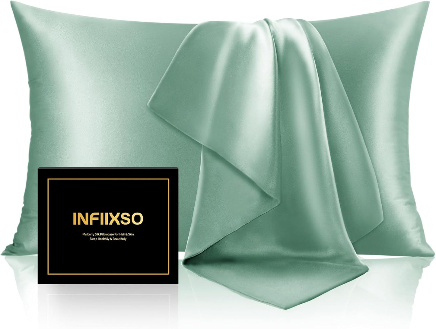 INFIIXSO Mulberry Silk Pillowcase for Hair and Skin, Silk Pillow Cases Queen Size Set of 2 with Hidden Zipper 20x30 Inches, Smooth and Soft Cooling Pillow Cases for Hot Sleepers(Mint Green, 2 Pack)