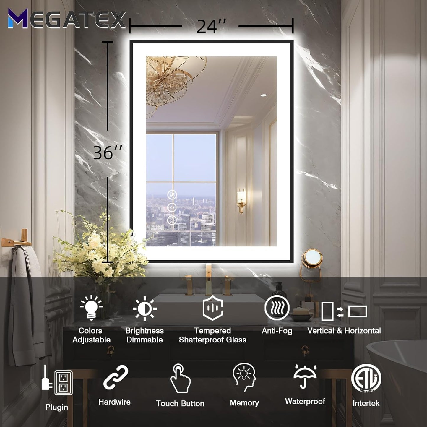 24x36 Bathroom LED Mirror, Black Aluminum Edge Lighted Mirror, 3 Colors Stepless Dimmable Vanity Mirror, Skincare, Anti-Fog, Shatter-Proof, ETL Listed, Memory Smart Mirror(Horizontal/Vertical)