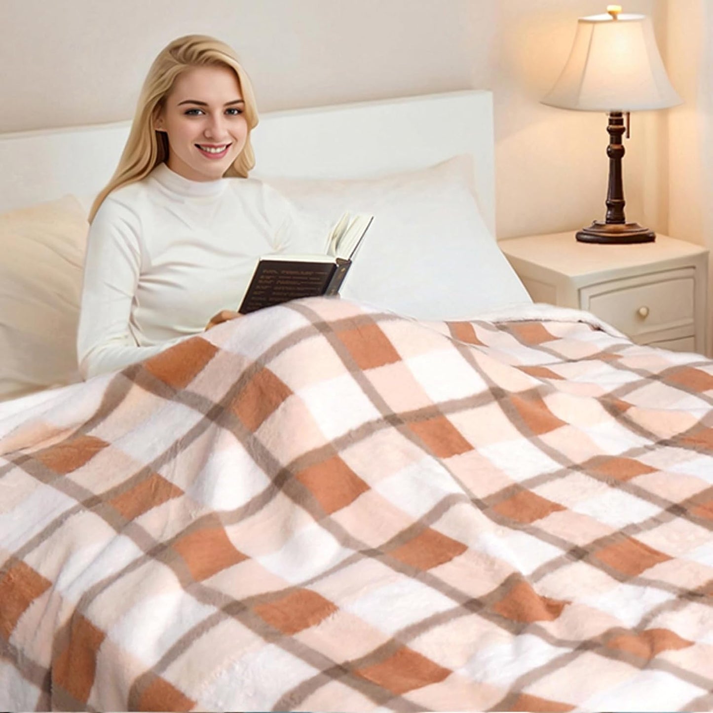 PU MEI Super Soft Faux Rabbit Fur Sherpa Fleece Throw Blanket, Reversible Luxury Cozy Cute Furry Blanket, Plush Warm Shaggy Fluffy Checkered Blankets for Sofa Couch Bed (Beige-Plaid, 60" x 80")