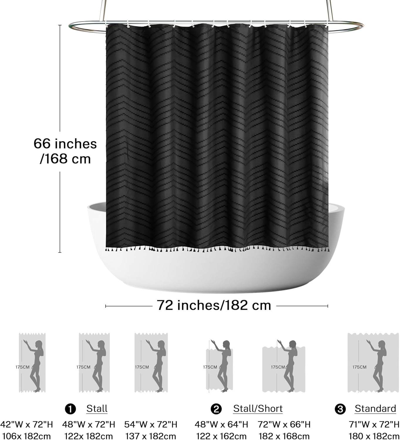 Boho Shower Curtain Black Tassel Woven Fabric Short Shower Curtain 72 x 66 Modern Farmhouse Textured Tufted Chevron Striped Minimalist Bathroom Shower Curtains