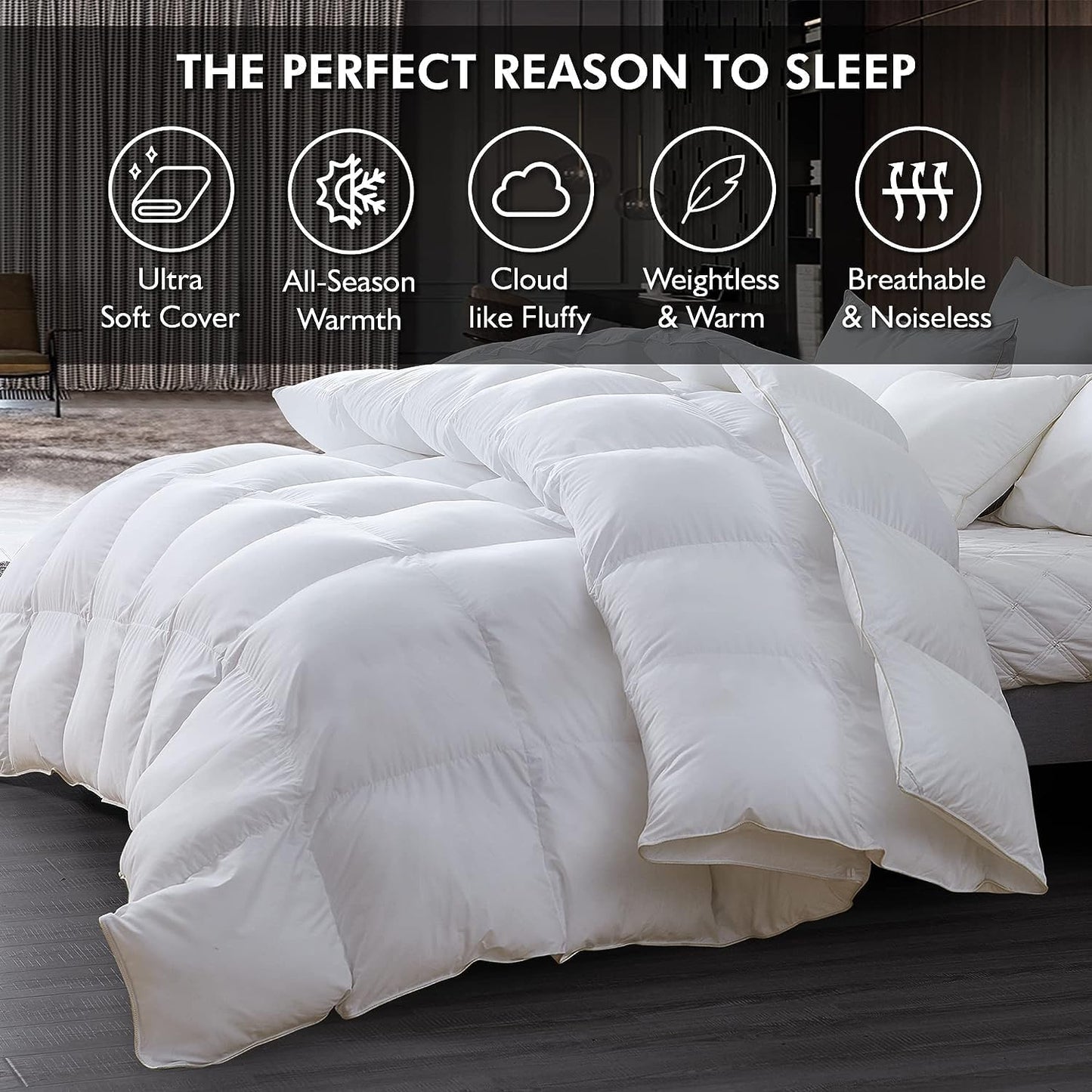Luxurious Oversized Queen 98" x 98" Size Goose Down Fiber Waterfowl Feather Fiber Comforter Duvet, 100% Egyptian Cotton Cover, 56 oz. Fill Weight, Baffle Box Design, White Solid