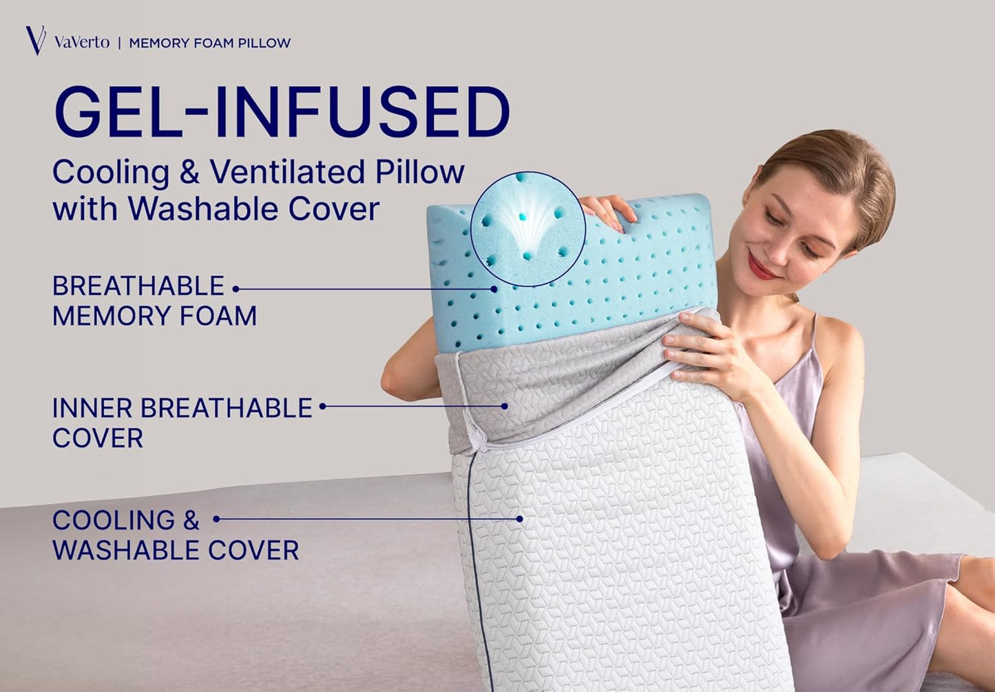 Vaverto Queen Memory Foam Pillow 2-Pack – Cooling Gel-Infused Orthopedic Bed Pillows for Neck and Shoulder Pain Relief, Firm Support Design with Removable Viscose Made from Bamboo Covers – Set of 2