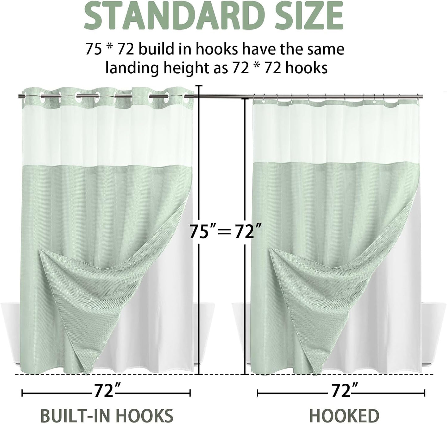 YellyHommy No Hook Shower Curtain with Snap in Liner Set Less Time Waffle Shower Curtain for Bathroom 75" L x 72" W Mint Green