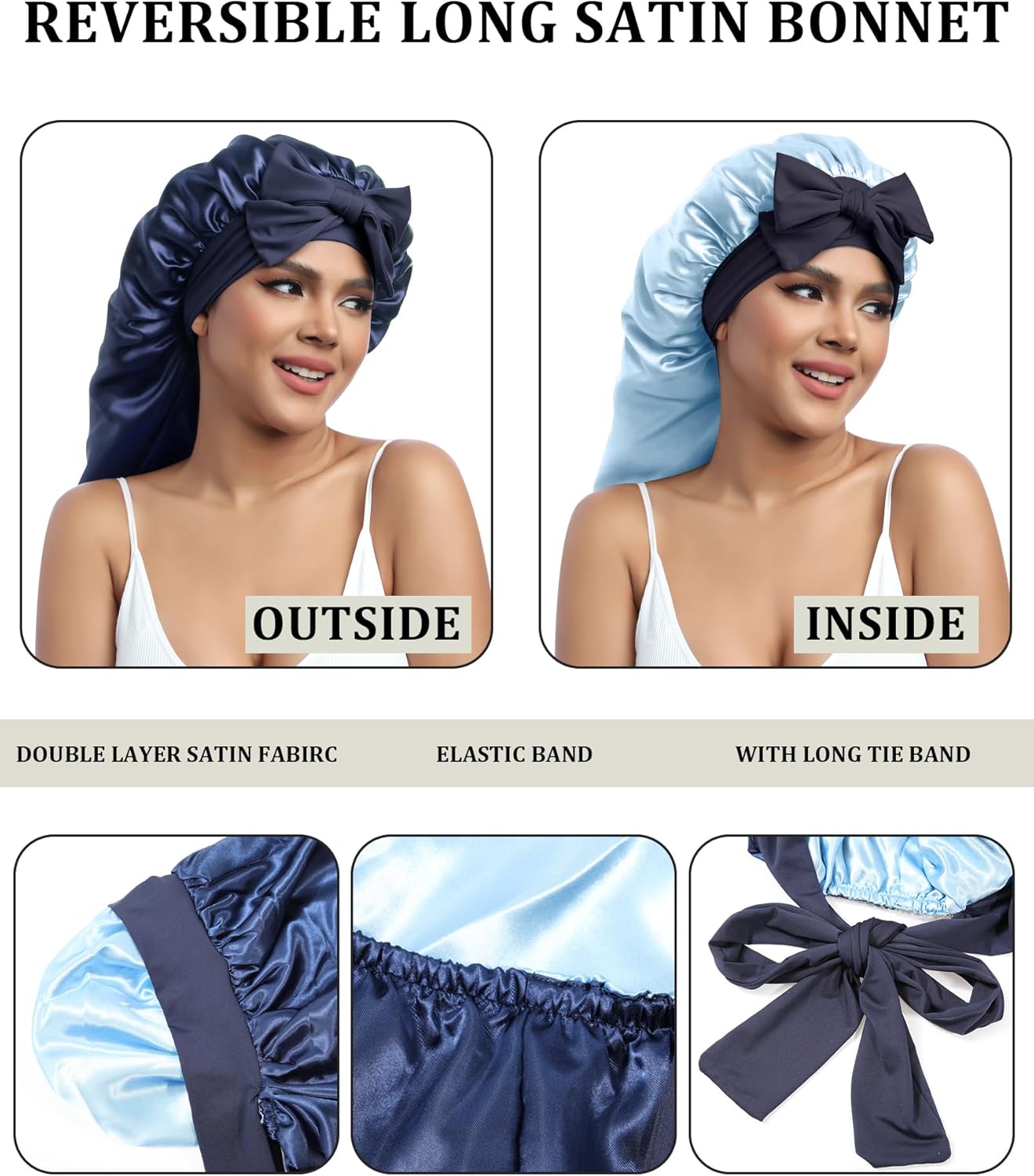 AWAYTR Long Satin Bonnet for Sleeping - Double Layer Reversible Silk Bonnet for Long Hair Women Sleeping Cap with Tie Band