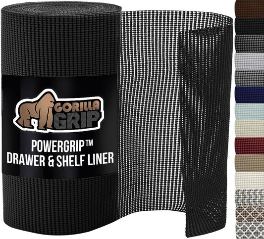 GORILLA GRIP powerGRIP Drawer Shelf and Cabinet Liner, Thick Strong Hold, Non-Adhesive Liners Protect Kitchen Cabinets and Cupboard, Bathroom Drawers, Easy Install, Breathable Mat, 20" x20', Black