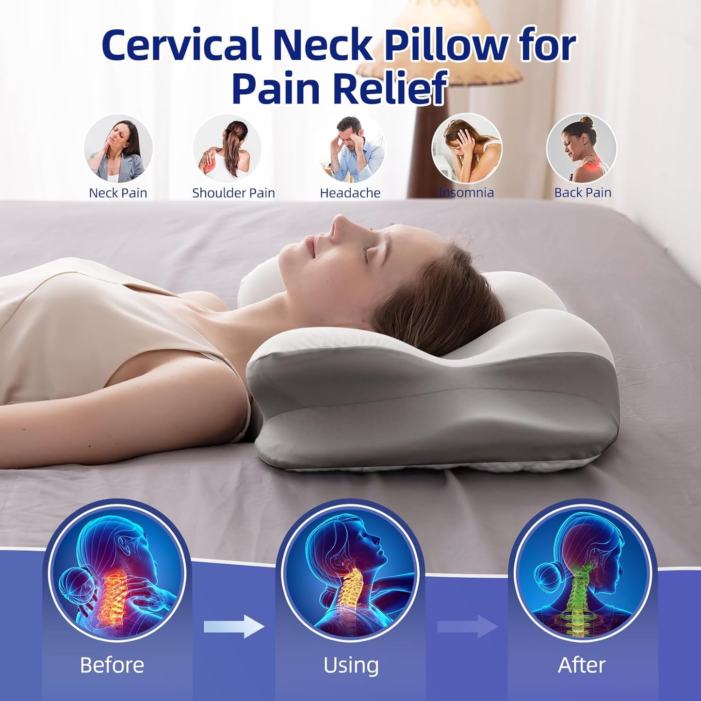 Cervical Neck Pillow for Sleeping, Dual-Height Contour Pillow for Neck Pain Relief, Butterfly Ergonomic Memory Foam Neck Support Pillow with Cooling Breathable Cover for Side Sleepersr, Queen White
