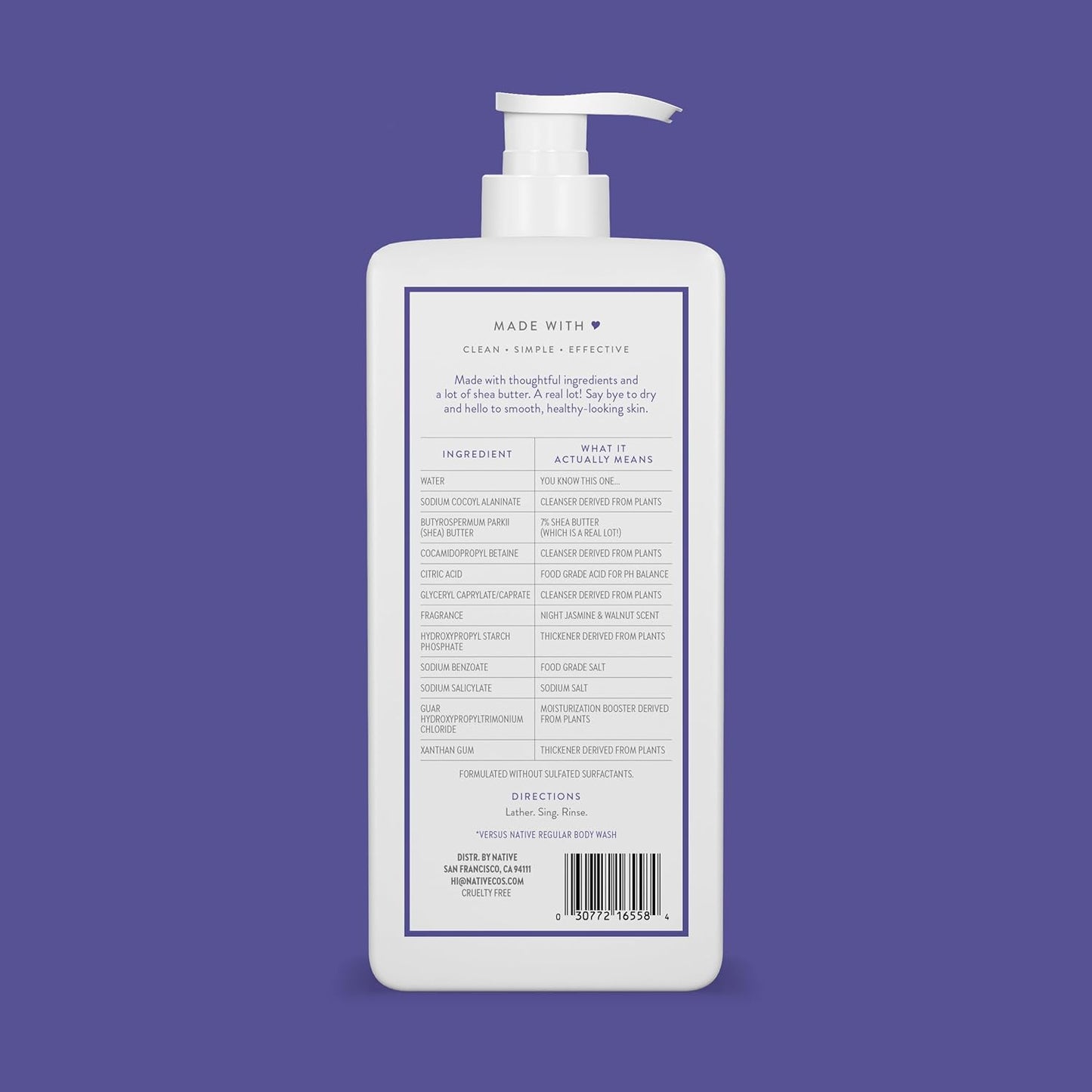 Native Moisturizing Body Wash Contains Naturally Derived Ingredients | For Women & Men, Sulfate, Paraben, & Dye Free Leaving Skin Soft and Hydrated | Night Jasmine & Walnut 18 oz
