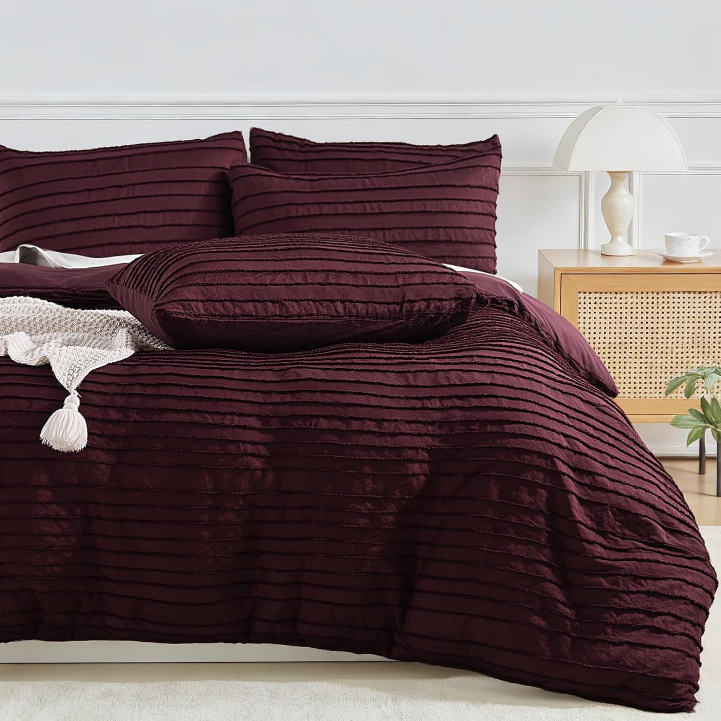 NEXHOME PRO California King Duvet Cover, Blue 3 Pieces Boho Tufted Duvet Cover Set, Soft and Lightweight Microfiber Comforter Cover Set (Burgundy,104 x 98)-No Comforter