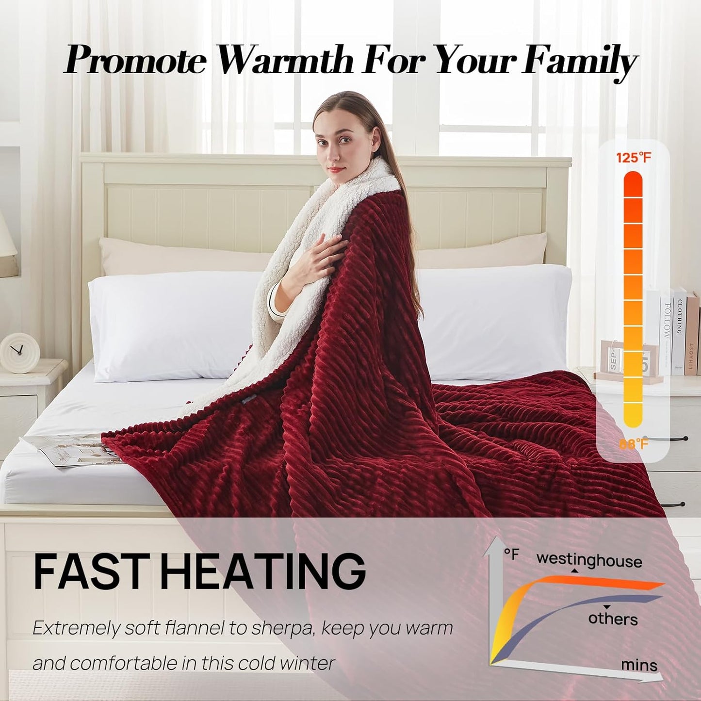 Westinghouse Electric Blanket Twin, Soft Ribbed Flannel to Sherpa Heated Blanket with 10 Heating Levels & 1-12 Hours Auto Shut Off, Fast Heating & Machine Washable, 62x84 Inch, Red