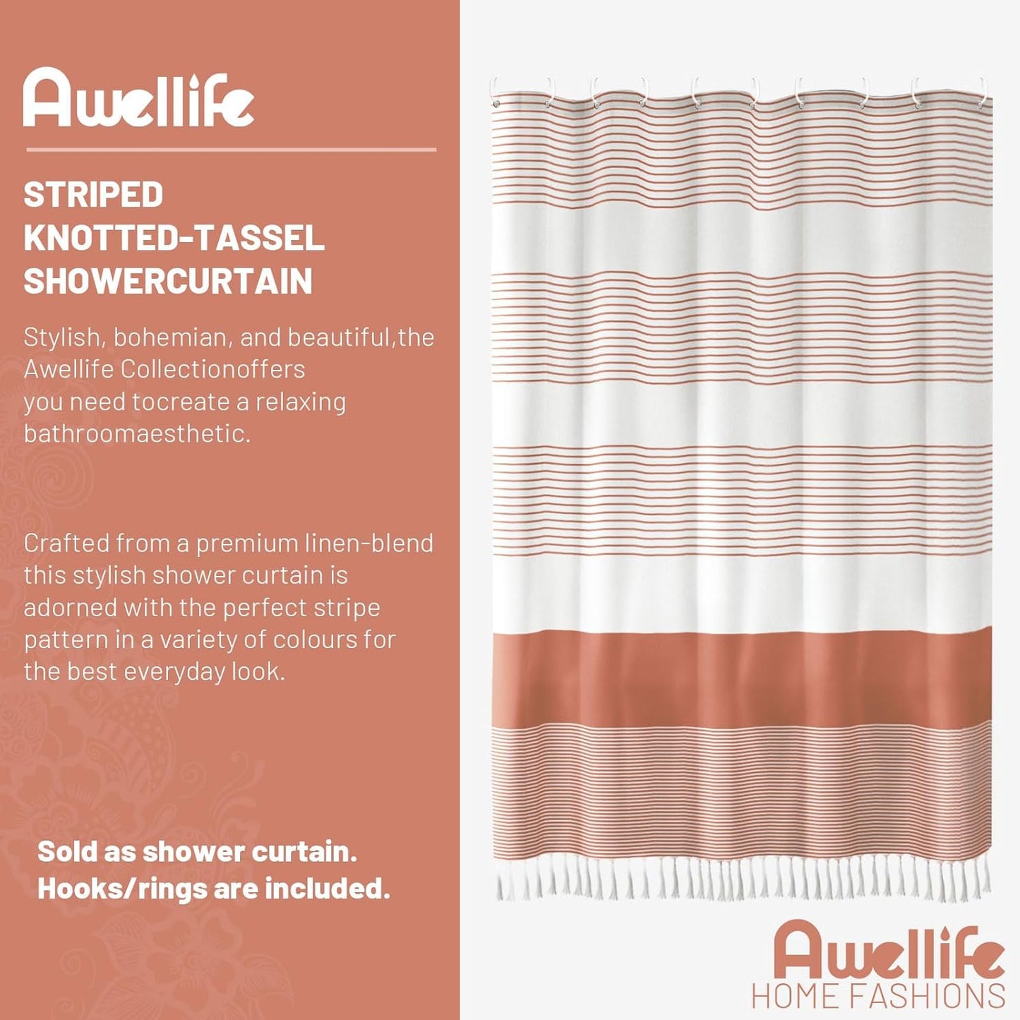 Awellife Boho Coral Shower Curtain for Bathroom Stripe Tassel Shower Curtain 72 X 72 Inches Farmhouse Cotton