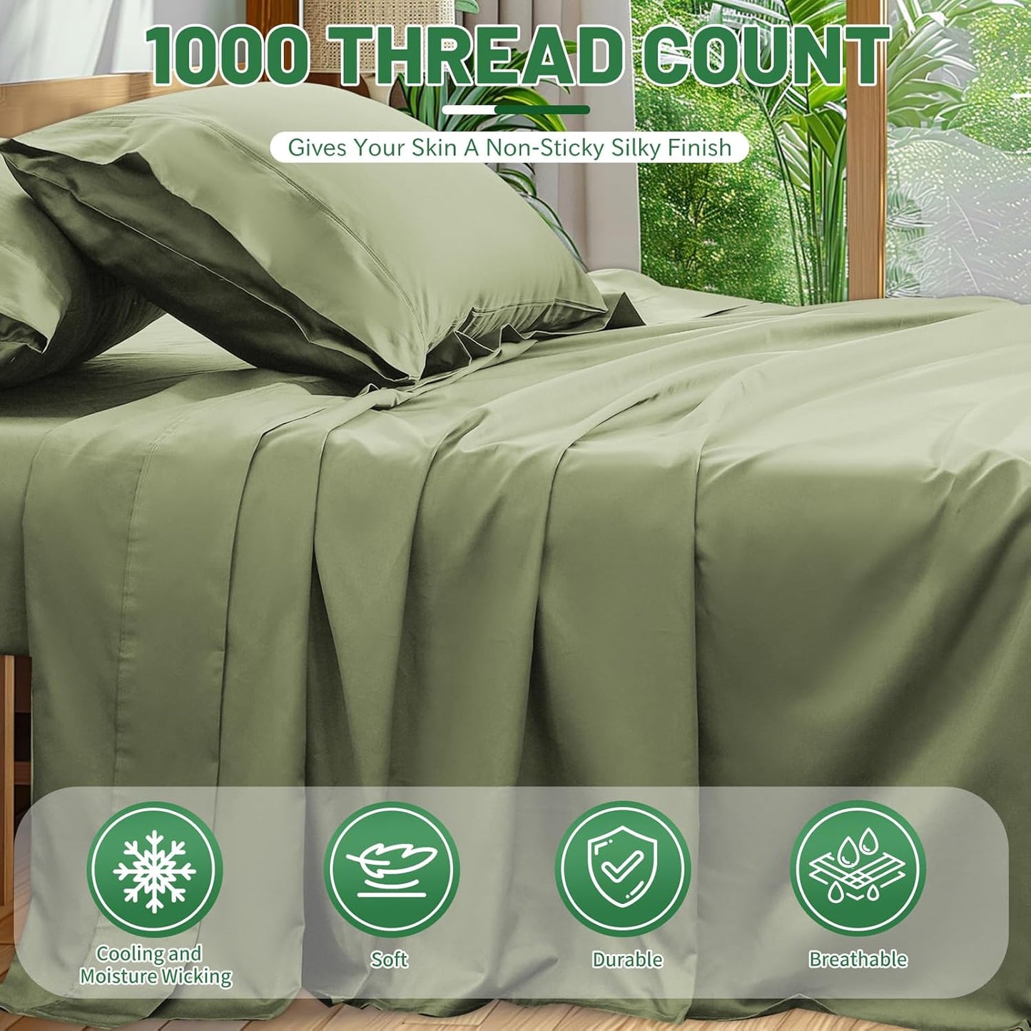 Egyptian Cotton Sheets Full Size 1000 Thread Count Sateen Weave Soft Breathable 16-Inch Deep Pocket 4PCS（Full,Olive Green）