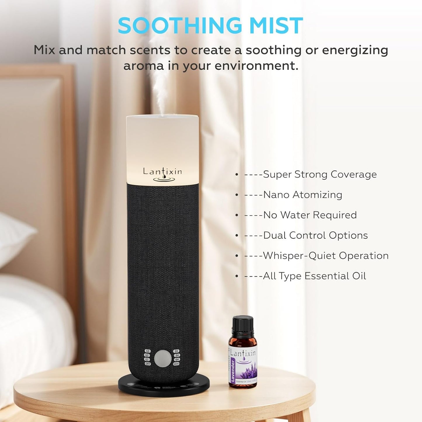 Lantixin Waterless Essential Oil Diffuser Nano Atomization Technology for Large Home-Adjustable and Long Lasting air Diffuser for Hotel Office Bedroom Large Home (Black)