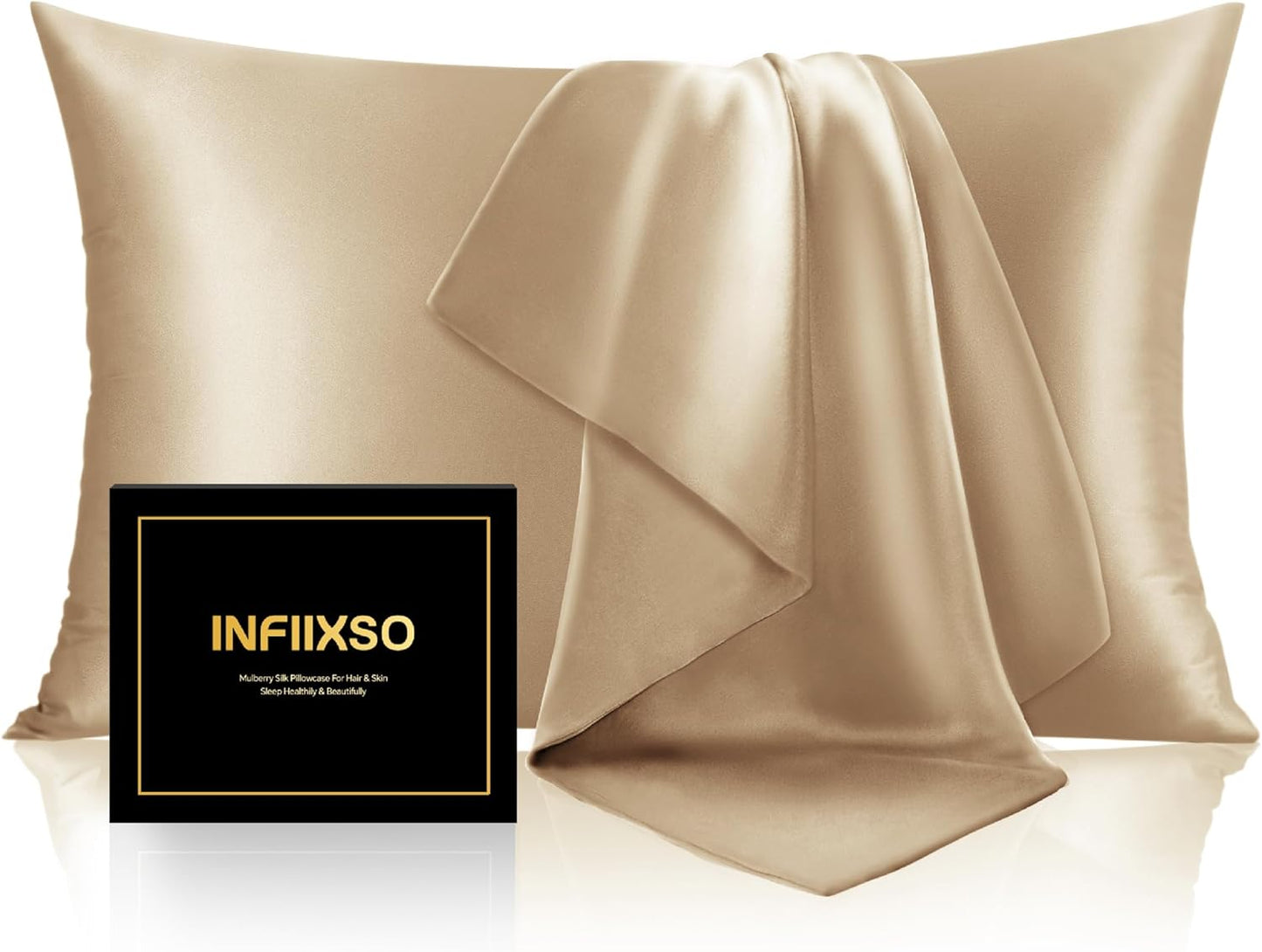 INFIIXSO Mulberry Silk Pillowcase for Hair and Skin, Silk Pillow Cases King Size with Hidden Zipper 20x40 Inches, Super Smooth and Soft Cooling Pillow Cases for Hot Sleepers(Champagne, 1 Pack)